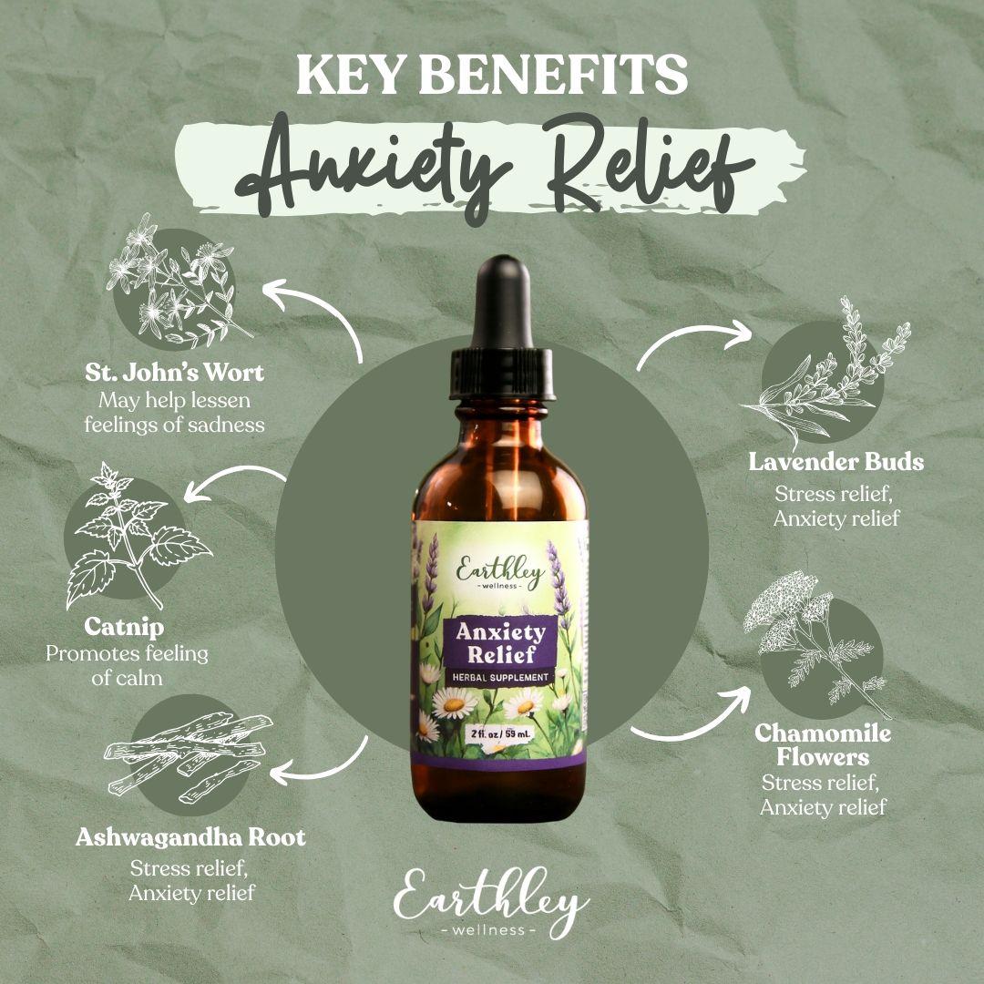 Earthley Anxiety Relief tincture bottle surrounded by illustrated herbs showing key benefits for stress and anxiety relief