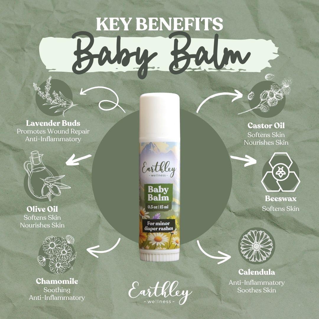 Earthley Baby Balm tube surrounded by key ingredient benefits: lavender buds, castor oil, olive oil, chamomile, beeswax, and calendula