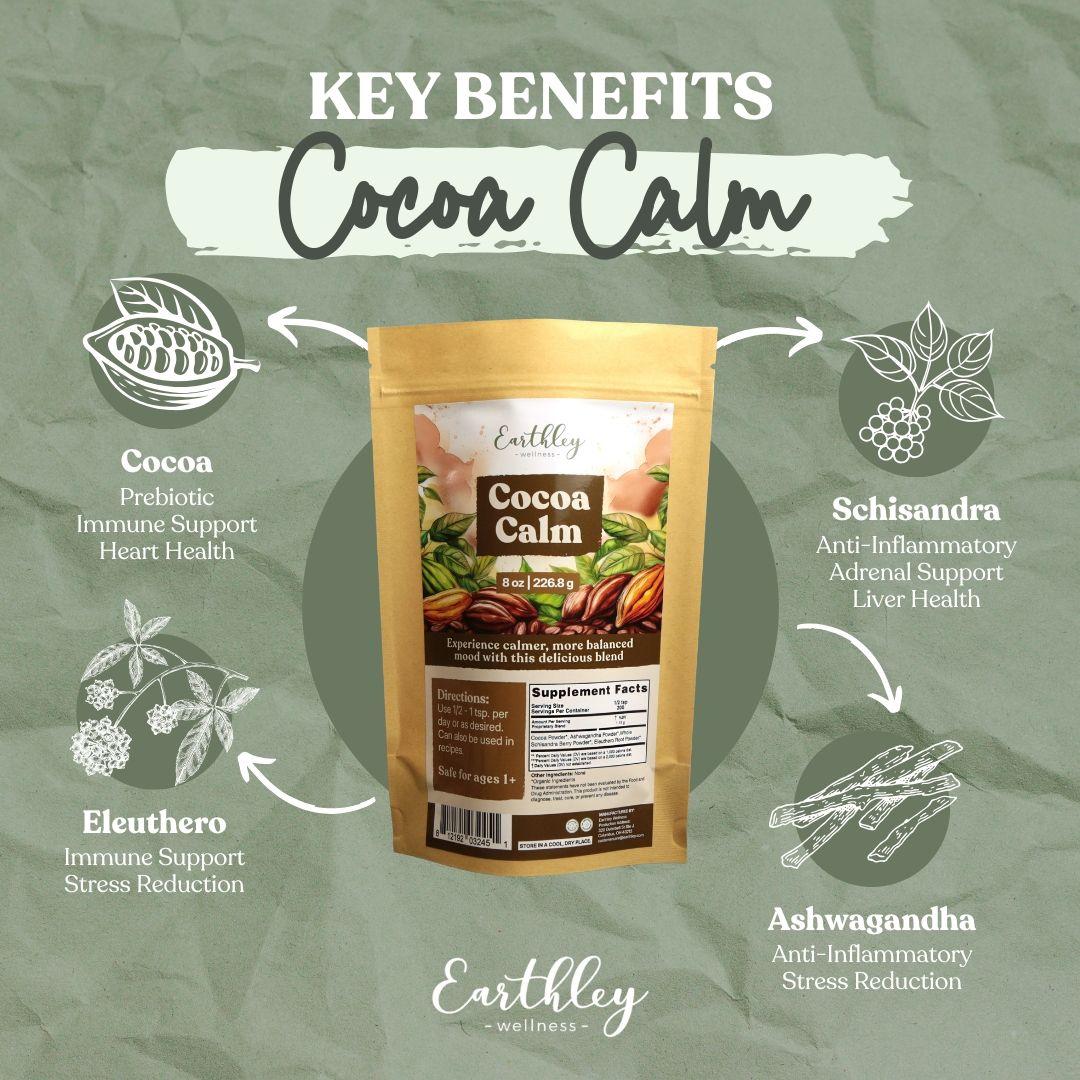 Cocoa Calm supplement package surrounded by ingredient illustrations showing key benefits: cocoa, schisandra, eleuthero, and ashwagandha