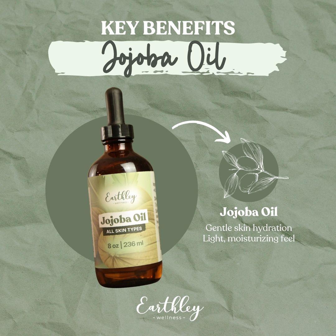 Earthley Jojoba Oil bottle with dropper on sage green background, highlighting gentle skin hydration benefits