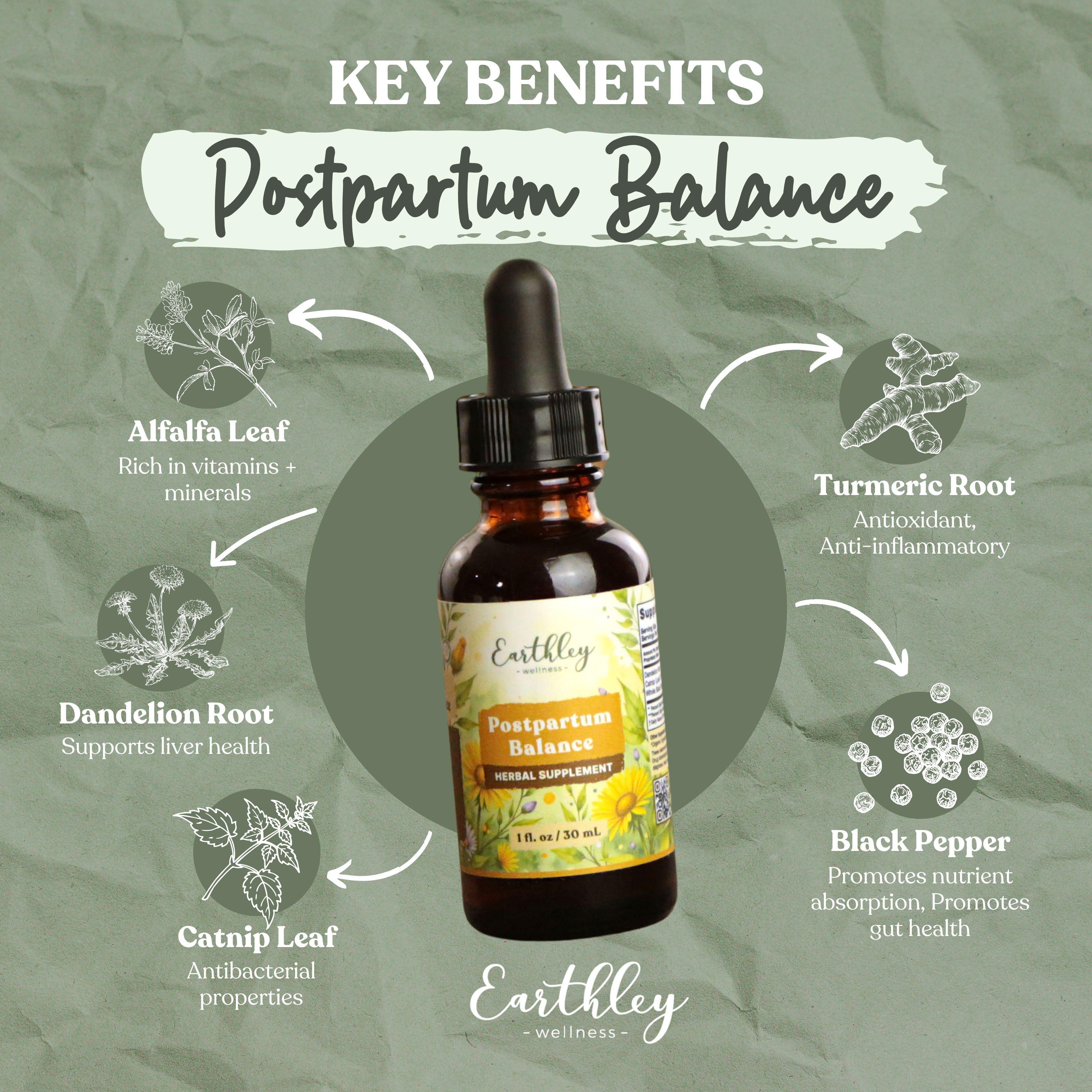 Earthley Postpartum Balance herbal tincture bottle surrounded by ingredient illustrations showing key benefits for new mothers