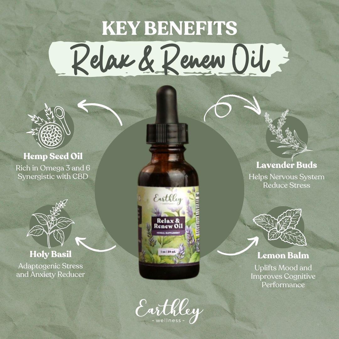 Earthley Relax & Renew Oil bottle with key benefits infographic showing hemp seed oil, lavender buds, holy basil, and lemon balm ingredients