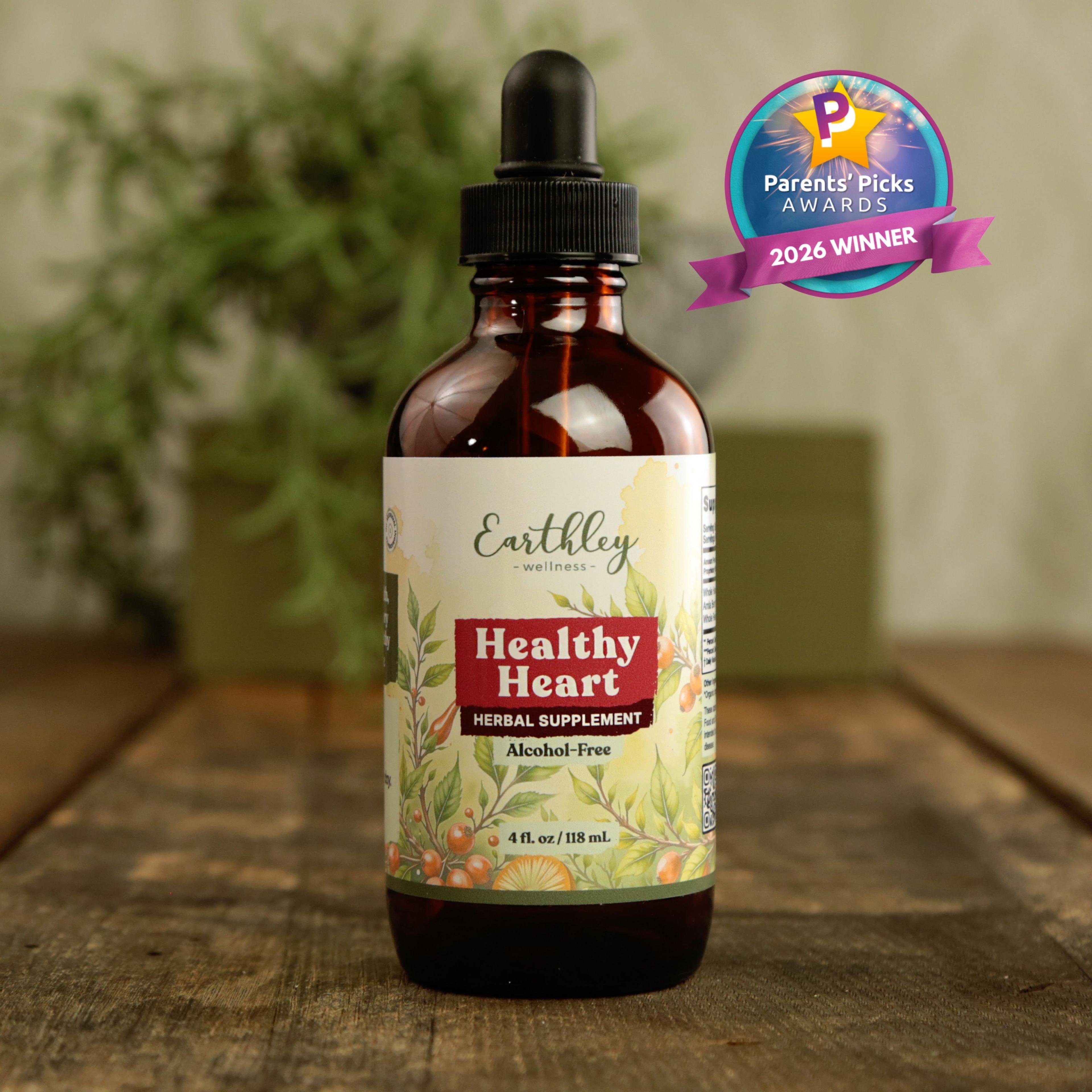 Earthley Wellness Healthy Heart herbal supplement bottle with dropper, featuring Parents' Picks Awards 2026 Winner badge
