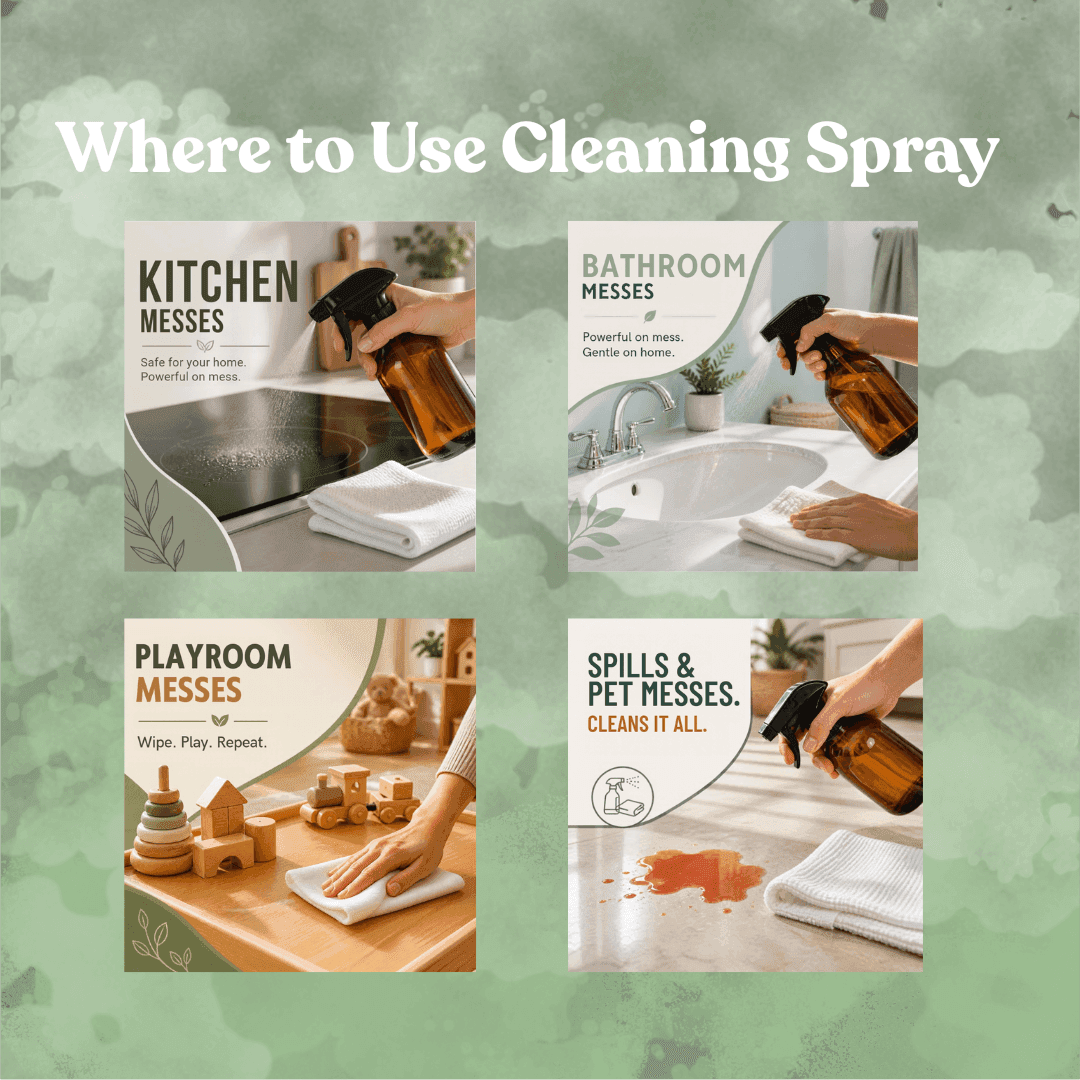 Four-panel guide showing natural cleaning spray used on kitchen, bathroom, playroom, and pet messes