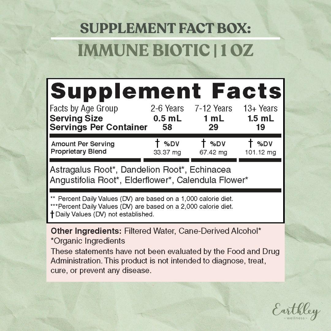 Supplement facts label for Immune Biotic 1oz tincture showing serving sizes, herbal ingredients, and dosage by age group