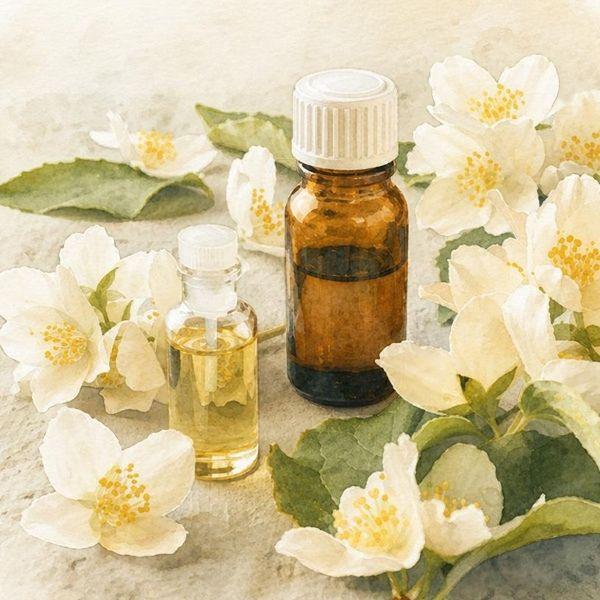 Amber and clear essential oil bottles surrounded by white jasmine flowers