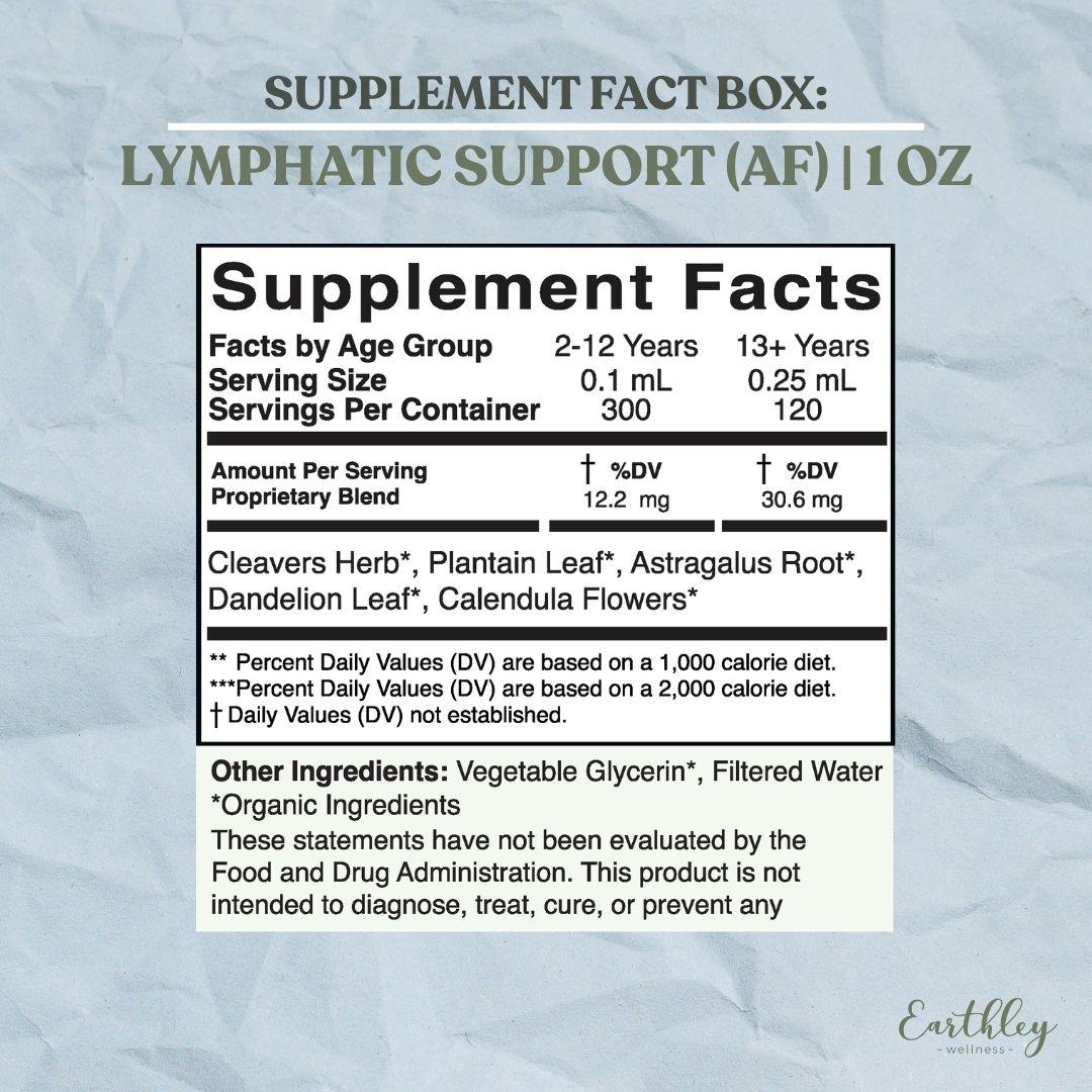 Lymphatic Support 1oz supplement facts label with herbal blend ingredients and dosage by age group.