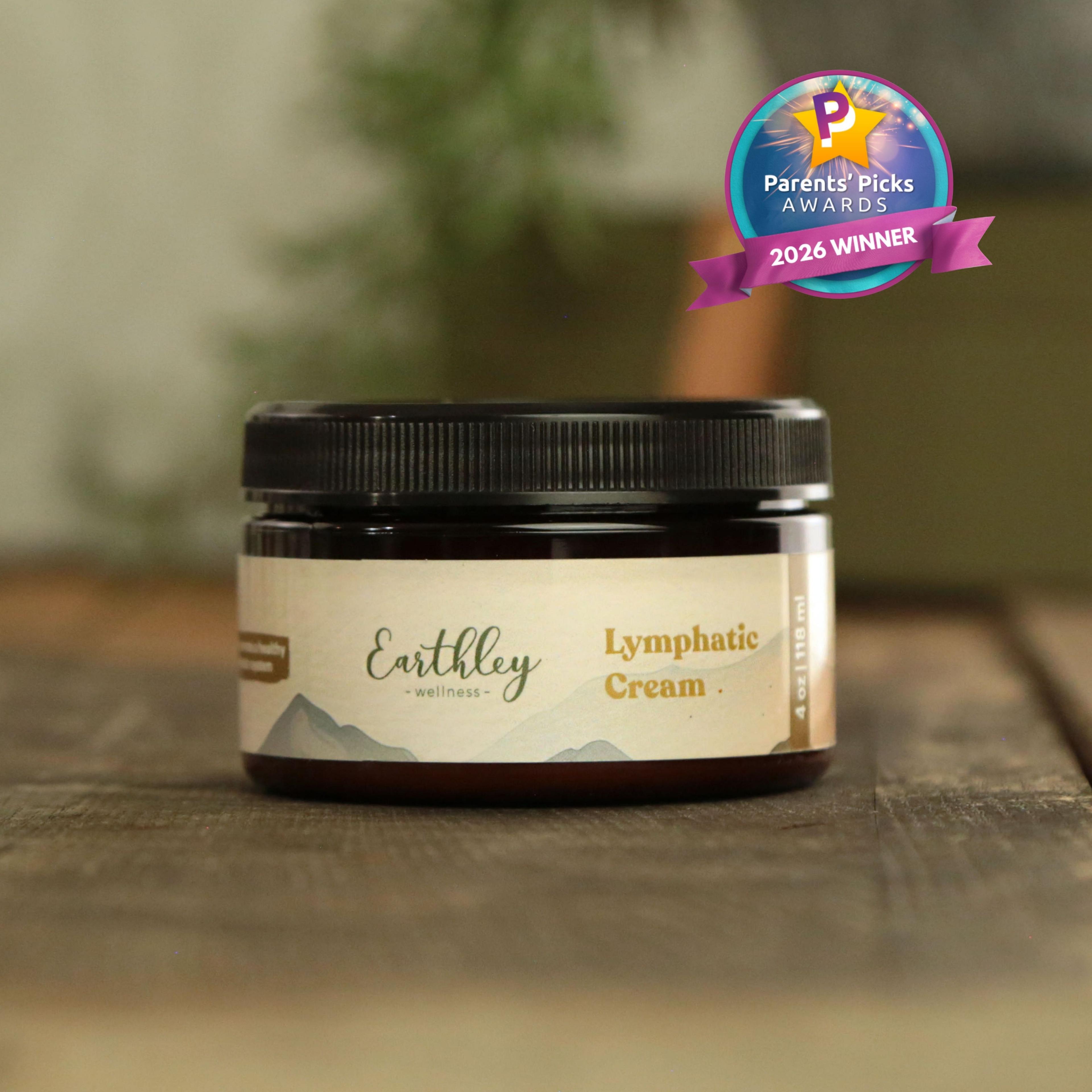 Earthley Wellness Lymphatic Cream jar with black lid and cream label, featuring Parents' Picks Awards 2026 Winner badge