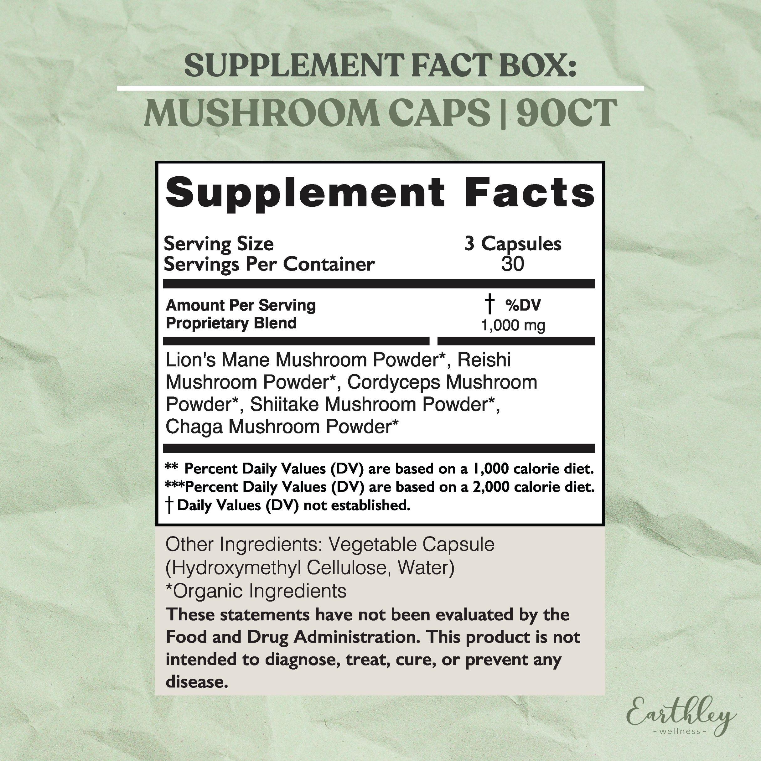 Supplement Facts box for Earthley Mushroom Caps 90 count showing serving size of 3 capsules, 30 servings per container, 1000mg proprietary blend of organic Lions Mane, Reishi, Cordyceps, Shiitake, and Chaga mushroom powders with FDA disclaimer