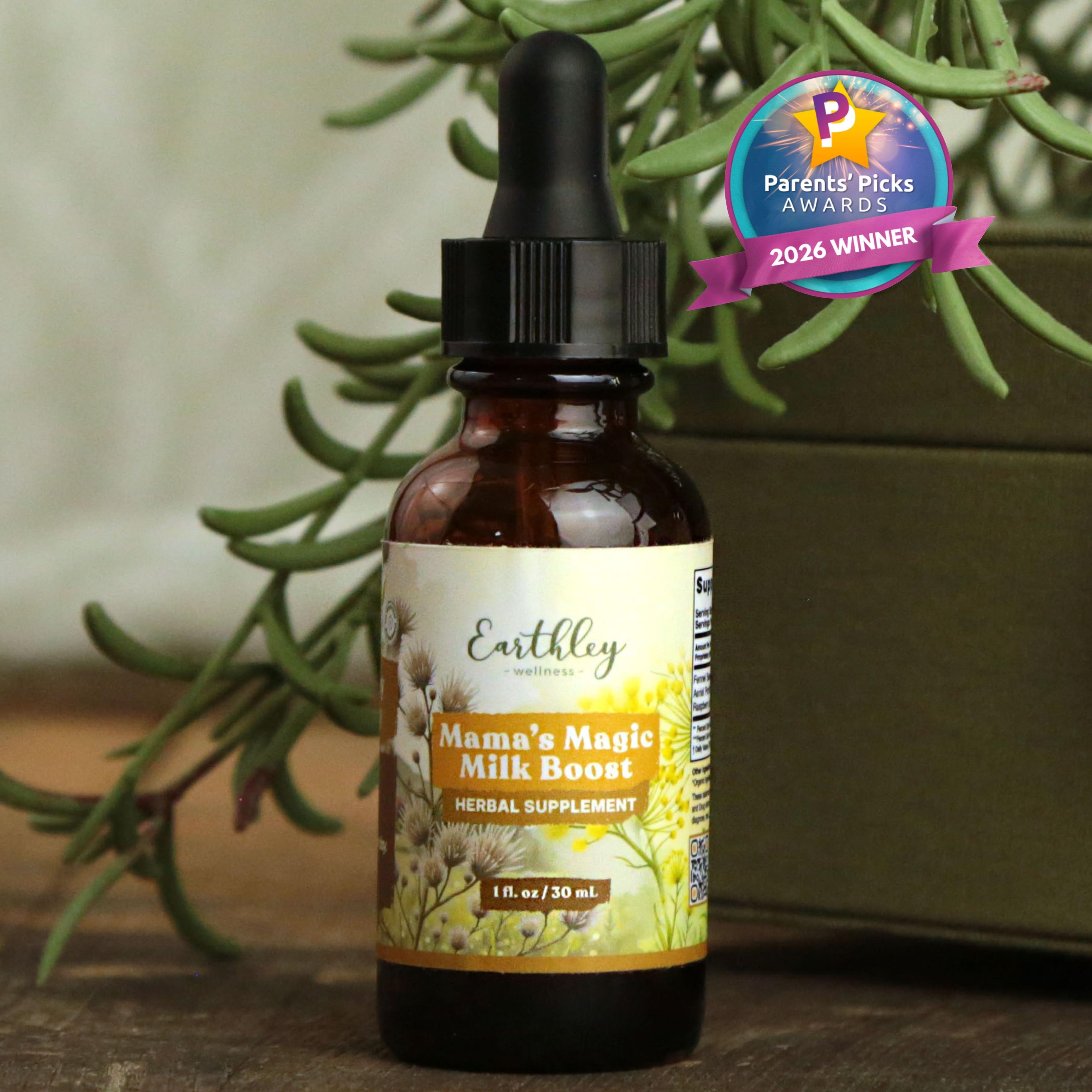 Earthley Mama's Magic Milk Boost herbal supplement tincture bottle with dropper, featuring Parents' Picks 2026 Winner award badge