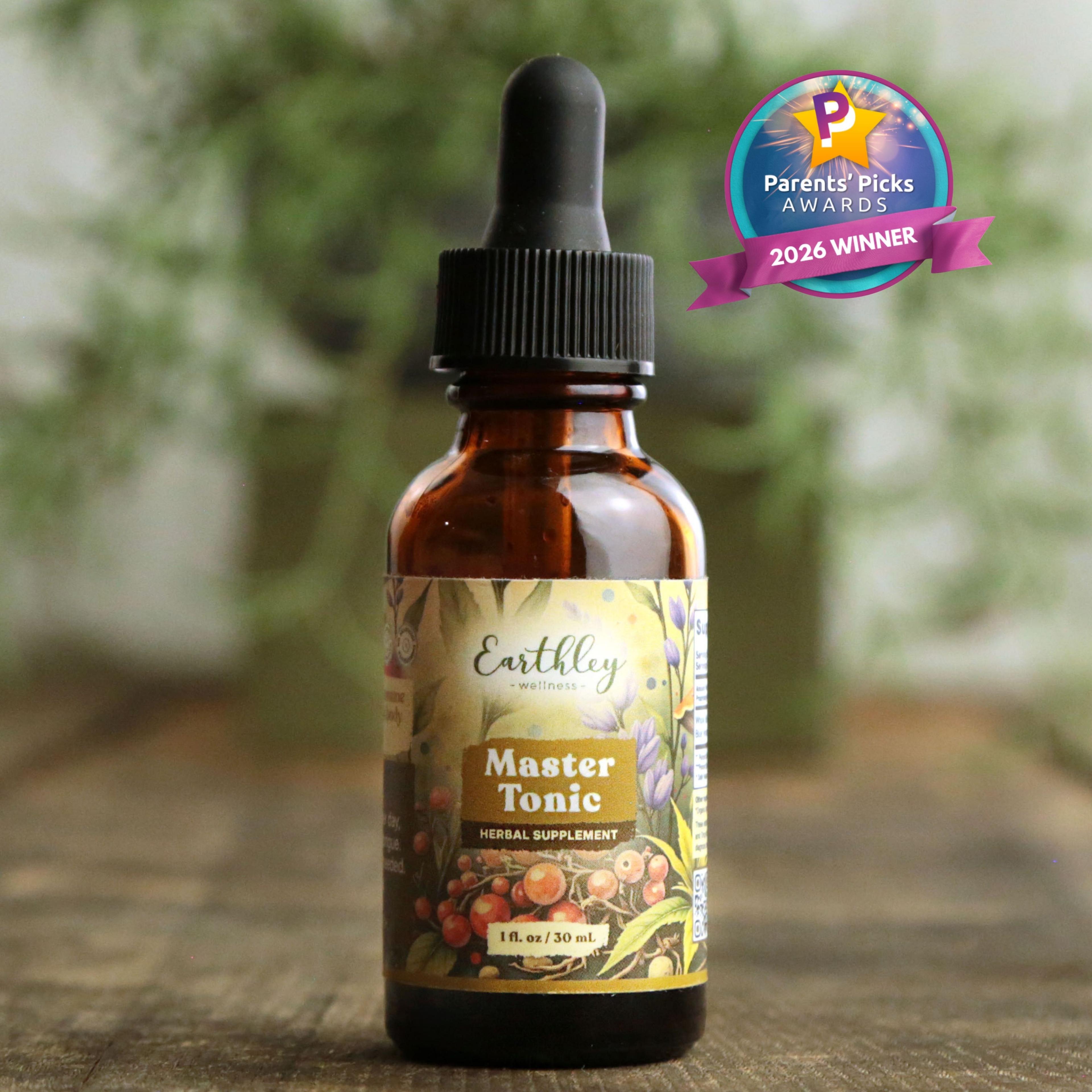 Earthley Wellness Master Tonic herbal supplement bottle with dropper, featuring Parents' Picks Awards 2026 Winner badge