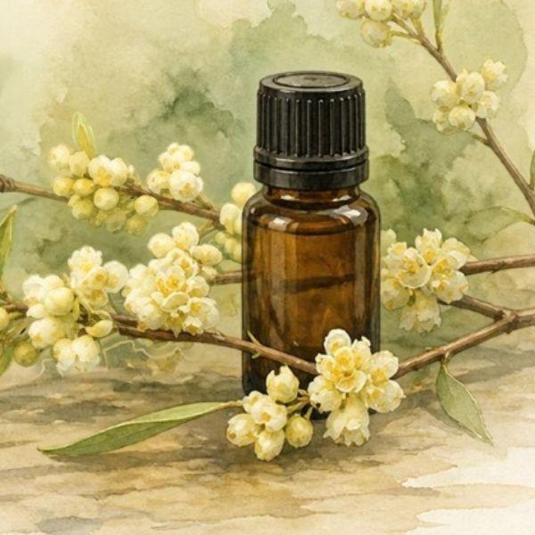 Amber glass dropper bottle surrounded by white flowering botanical branches on wood surface