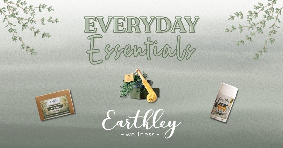 Earthley Wellness Everyday Essentials featuring curly hair shampoo bar, bath brush, and vanilla bean deodorant