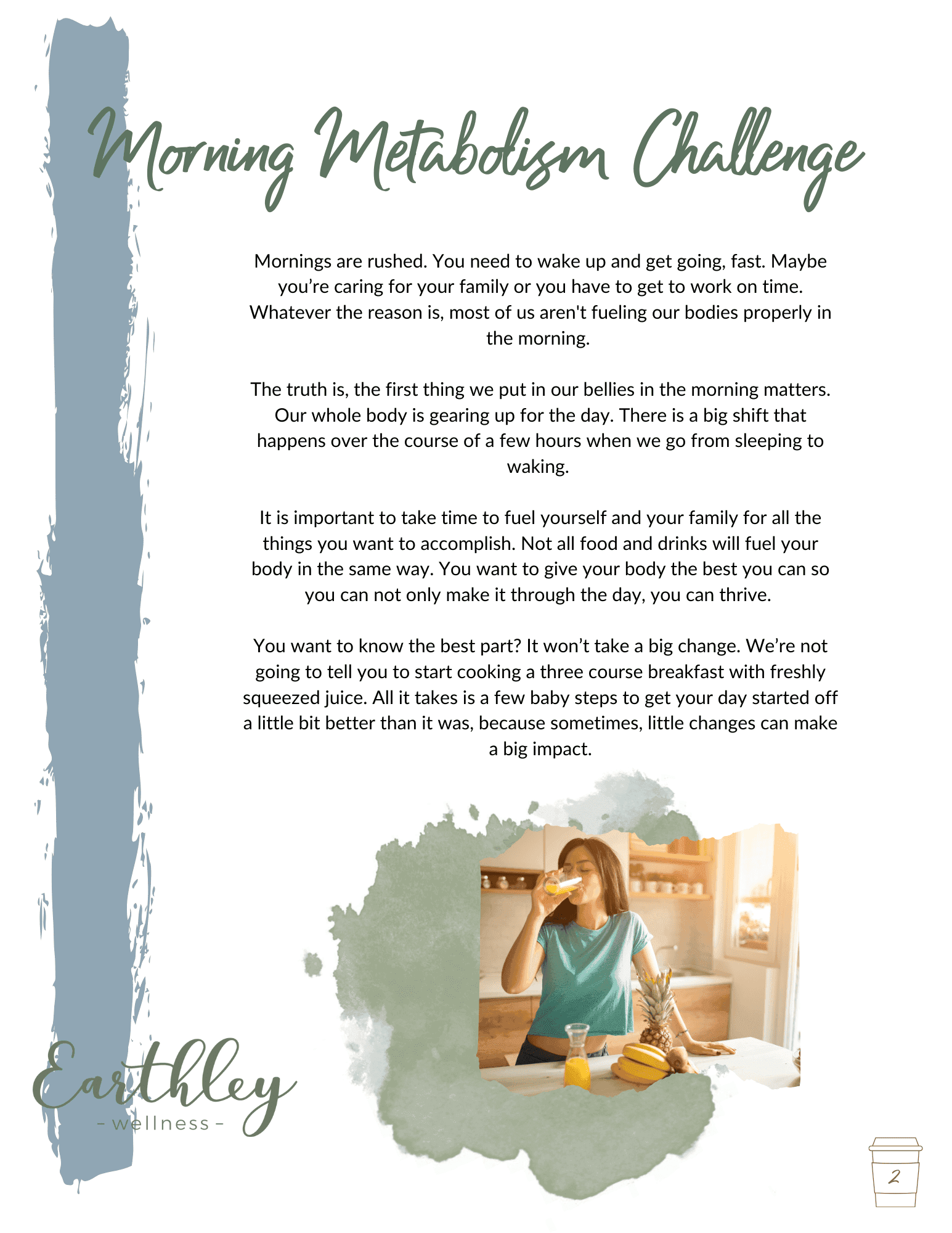 Morning Metabolism Challenge introduction page explaining how to fuel yourself and family with woman in teal sitting cross-legged and Earthley Wellness branding