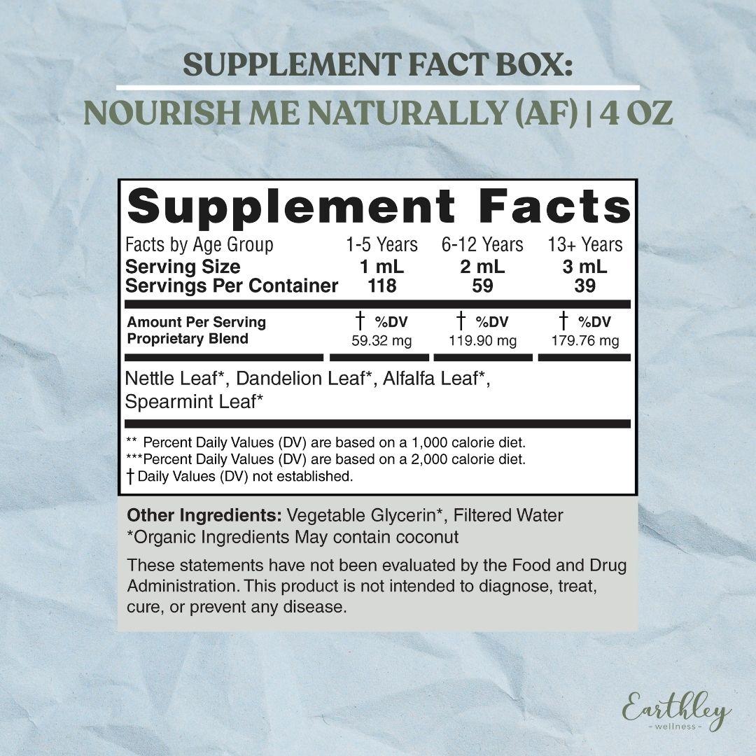 Supplement facts label for Nourish Me Naturally herbal blend showing dosage by age group and organic ingredients