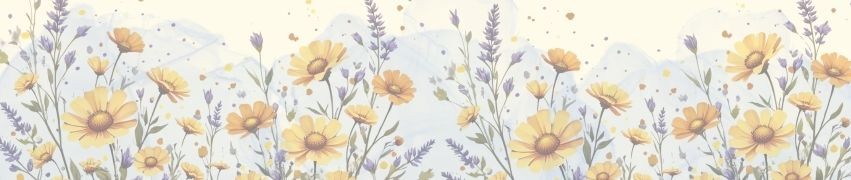 Delicate watercolor pattern of yellow chamomile flowers and purple lavender sprigs on soft cream background