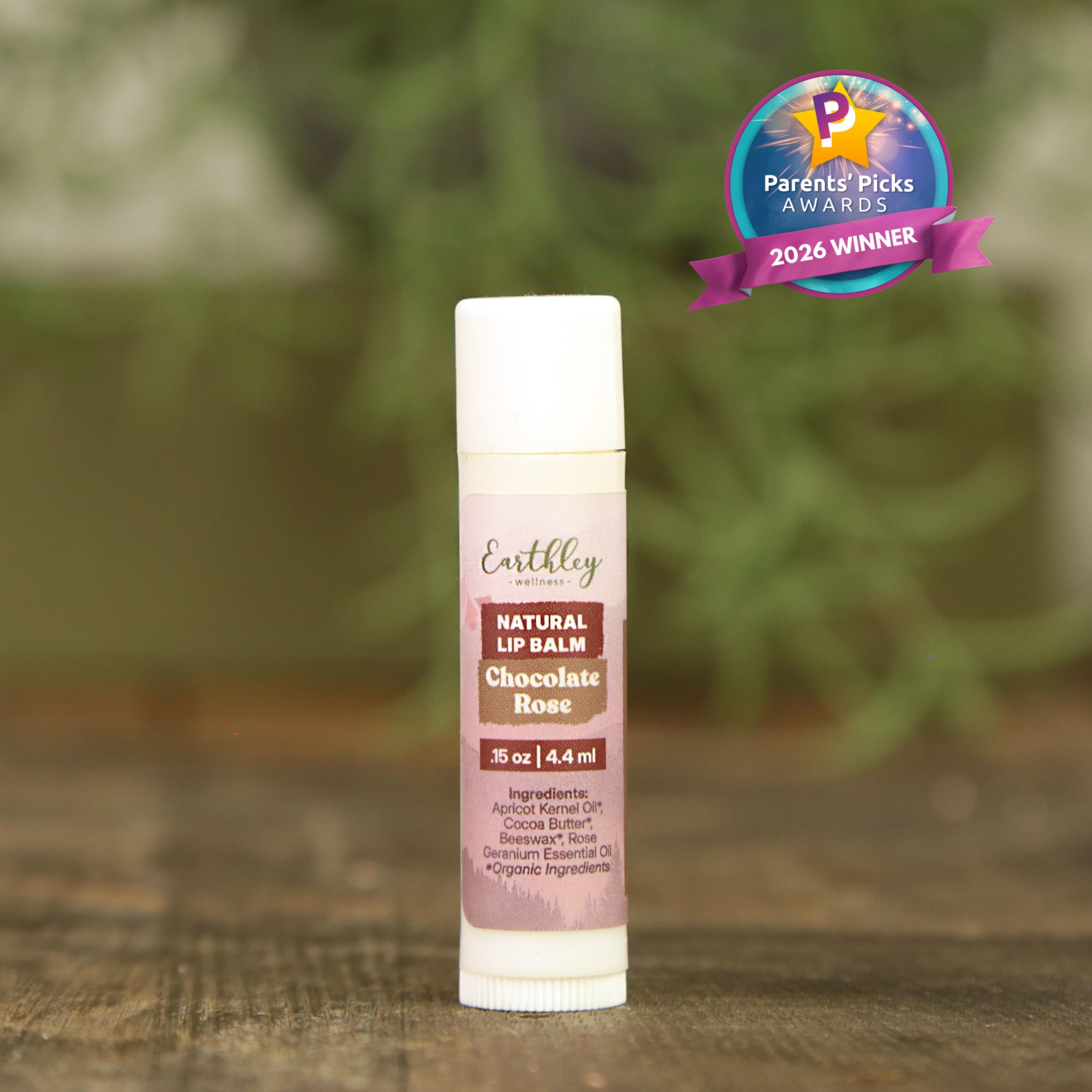 Earthley Wellness Natural Lip Balm in Chocolate Rose flavor with Parents' Picks Awards 2026 Winner badge