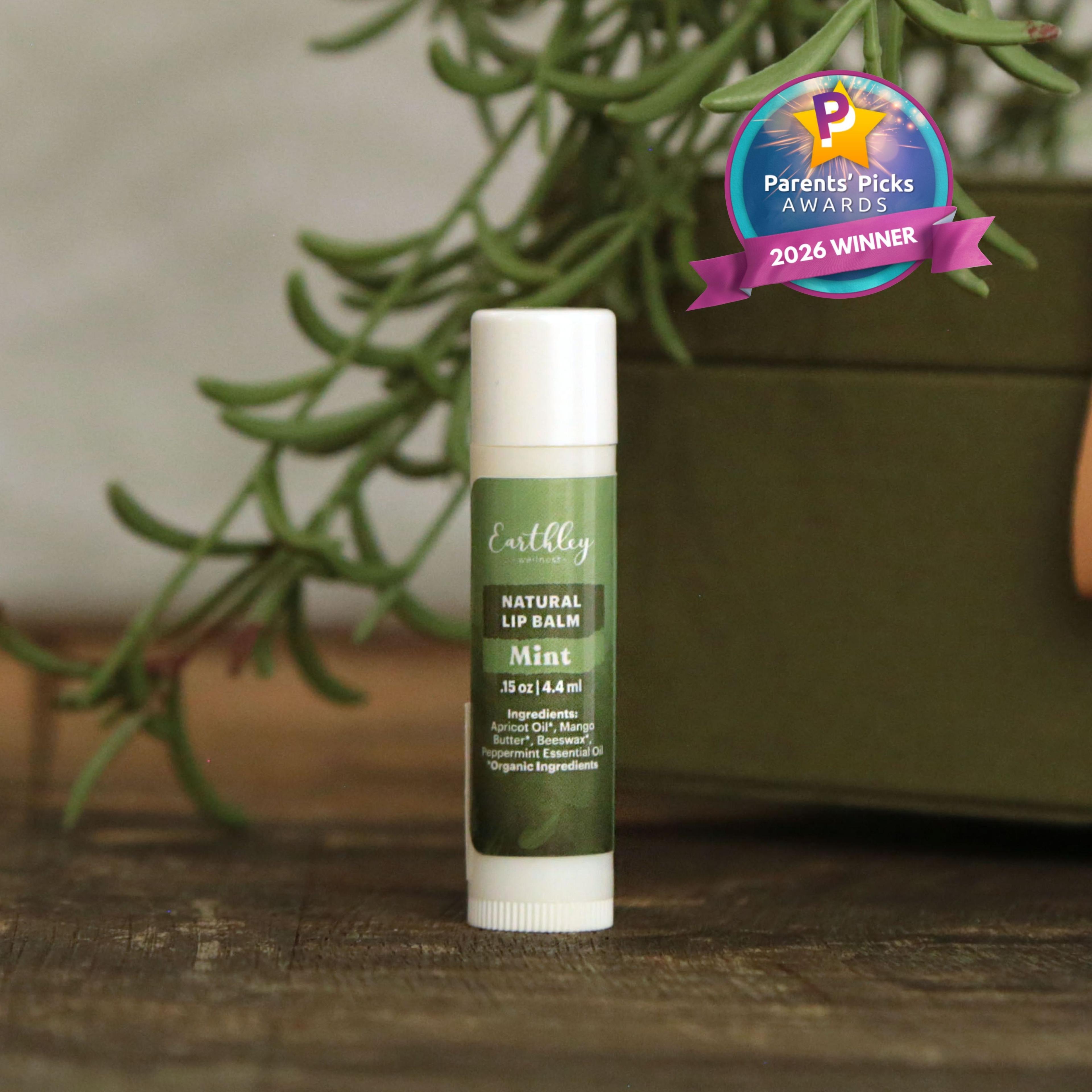 Earthley Natural Lip Balm in Mint flavor with white cap, featuring Parents' Picks Awards 2026 Winner badge