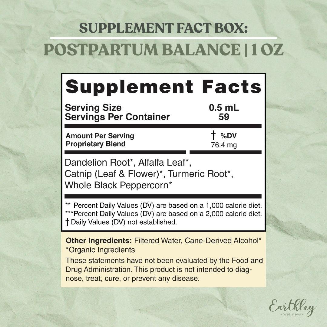 Supplement facts label for Postpartum Balance 1oz tincture with herbal blend ingredients.