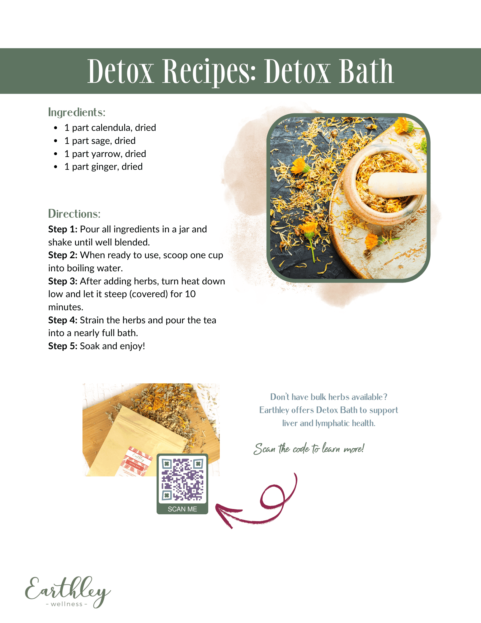 Parasite Detox Quickstart Detox Bath recipe page with sage green header photo of yellow orange calendula flowers and dried herbs in wooden mortar tan yellow soap bar and QR code
