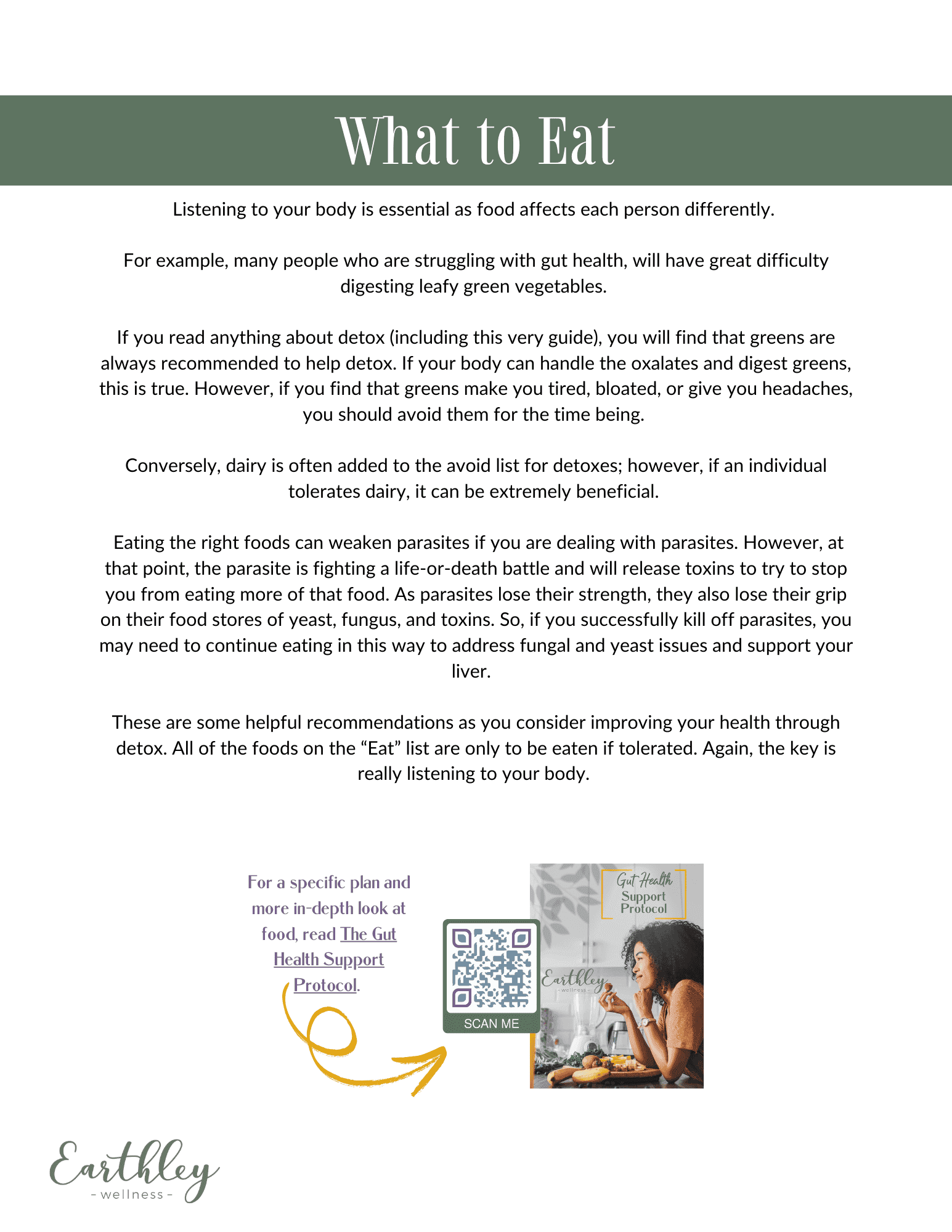 Parasite Detox Quickstart What to Eat guide page with sage green header woman illustration reading book white background and QR code
