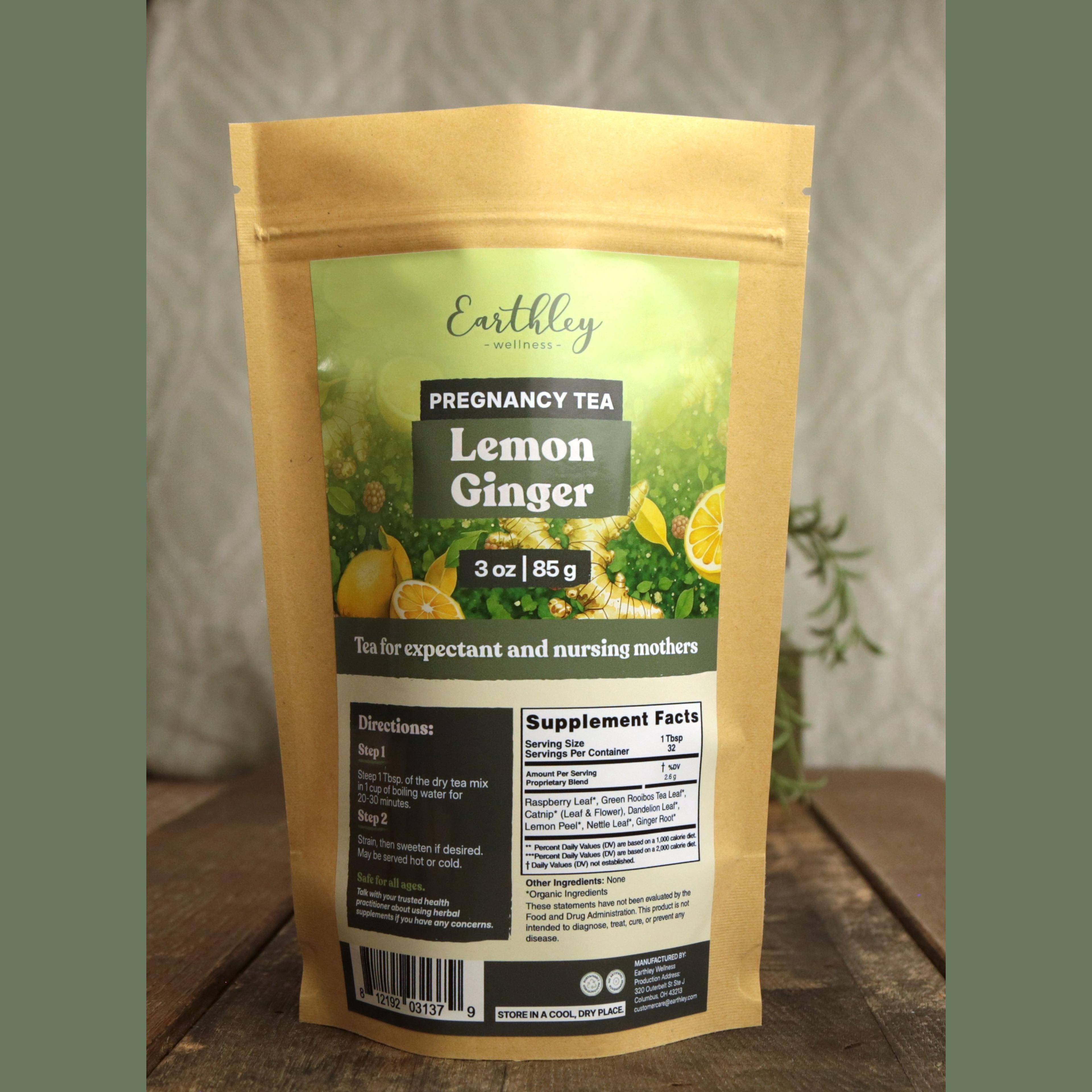 Earthley Pregnancy Tea Lemon Ginger 3 oz in kraft stand-up pouch with green citrus botanical label, tea for expectant and nursing mothers, showing supplement facts and brewing directions