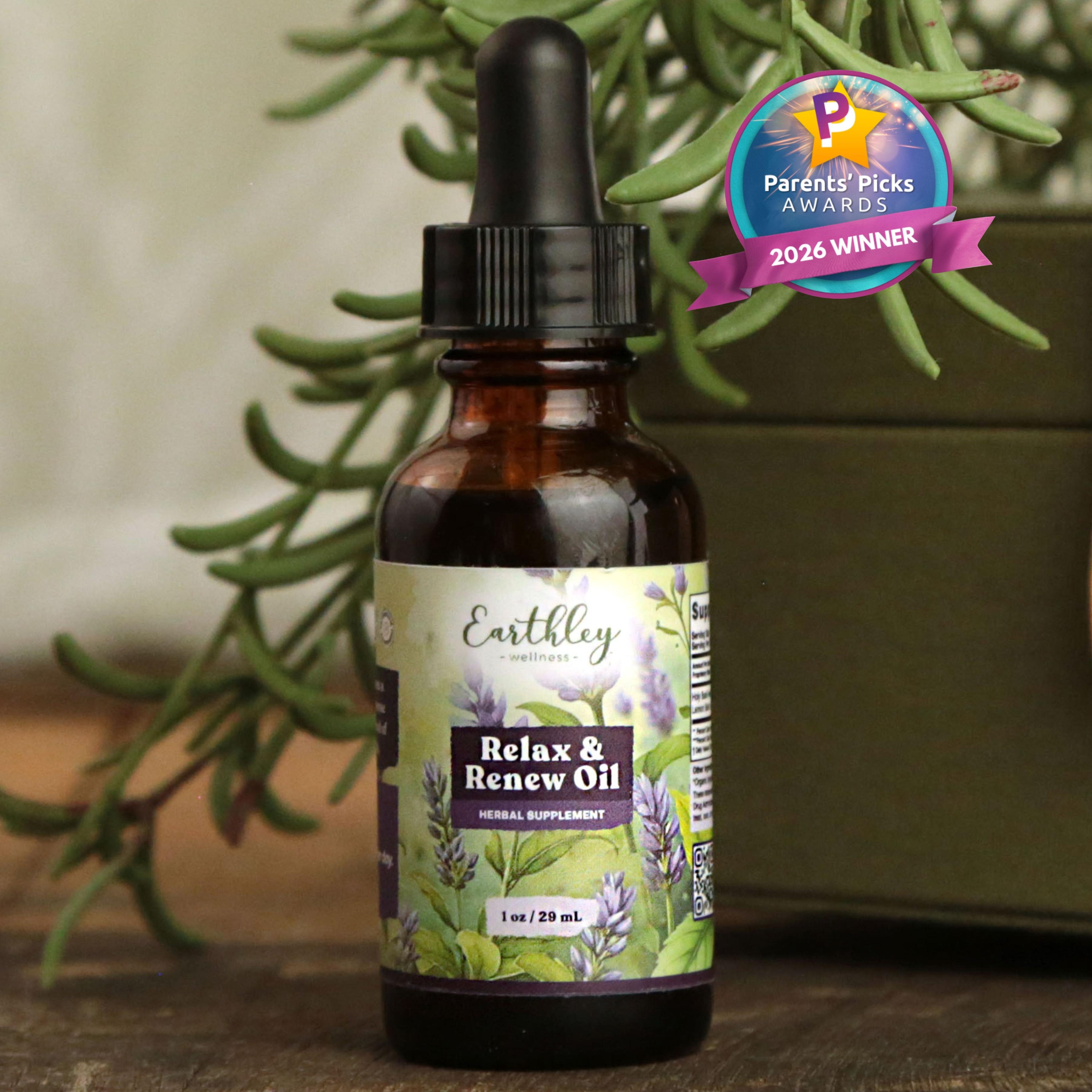 Earthley Wellness Relax & Renew Oil herbal supplement bottle with dropper, featuring Parents' Picks Awards 2026 Winner badge