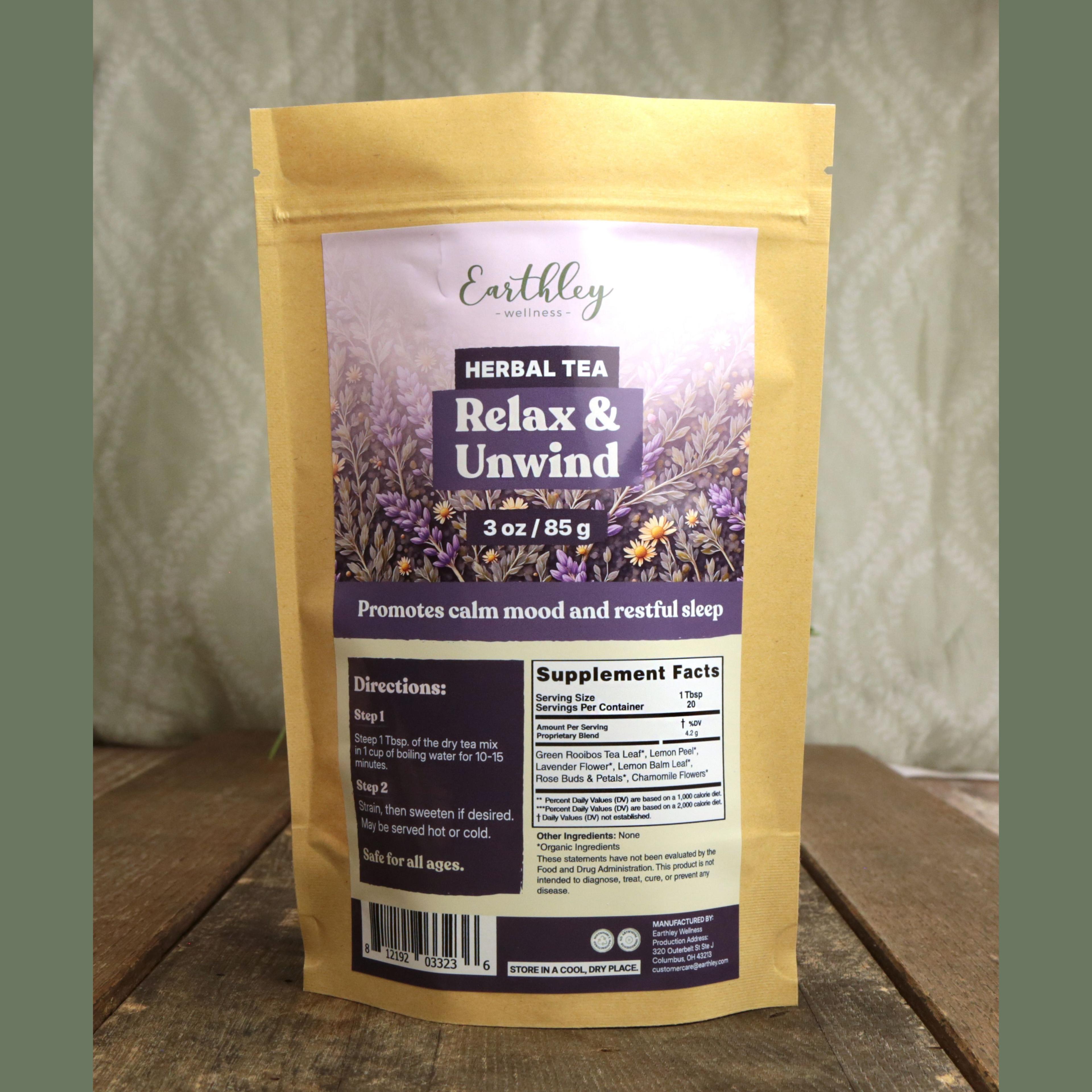Earthley Relax and Unwind Herbal Tea 3 oz in kraft stand-up pouch with lavender field label, promoting calm mood and restful sleep, showing supplement facts with chamomile and lavender ingredients