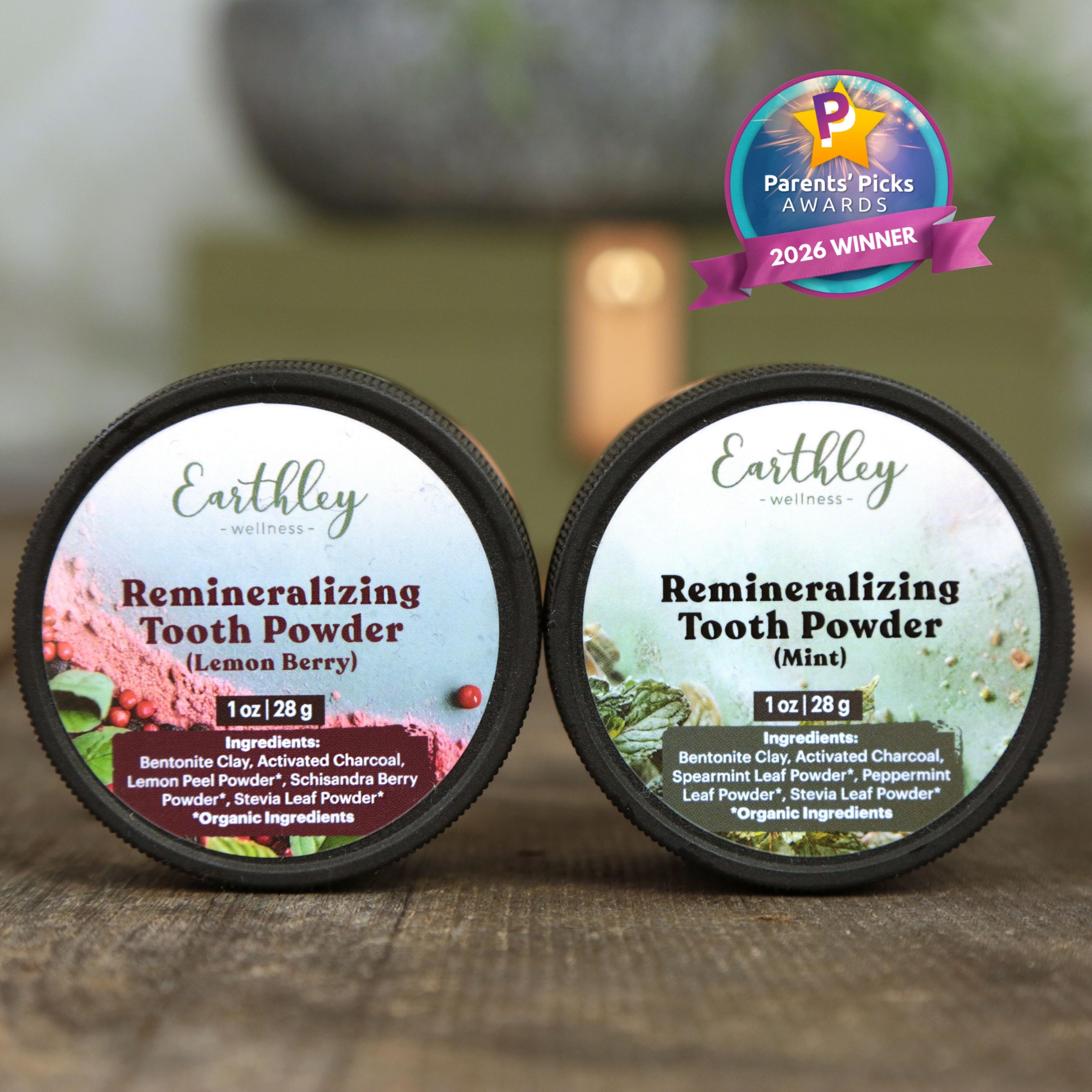 Two Earthley Remineralizing Tooth Powder jars in Lemon Berry and Mint flavors with Parents' Picks Awards 2026 Winner badge