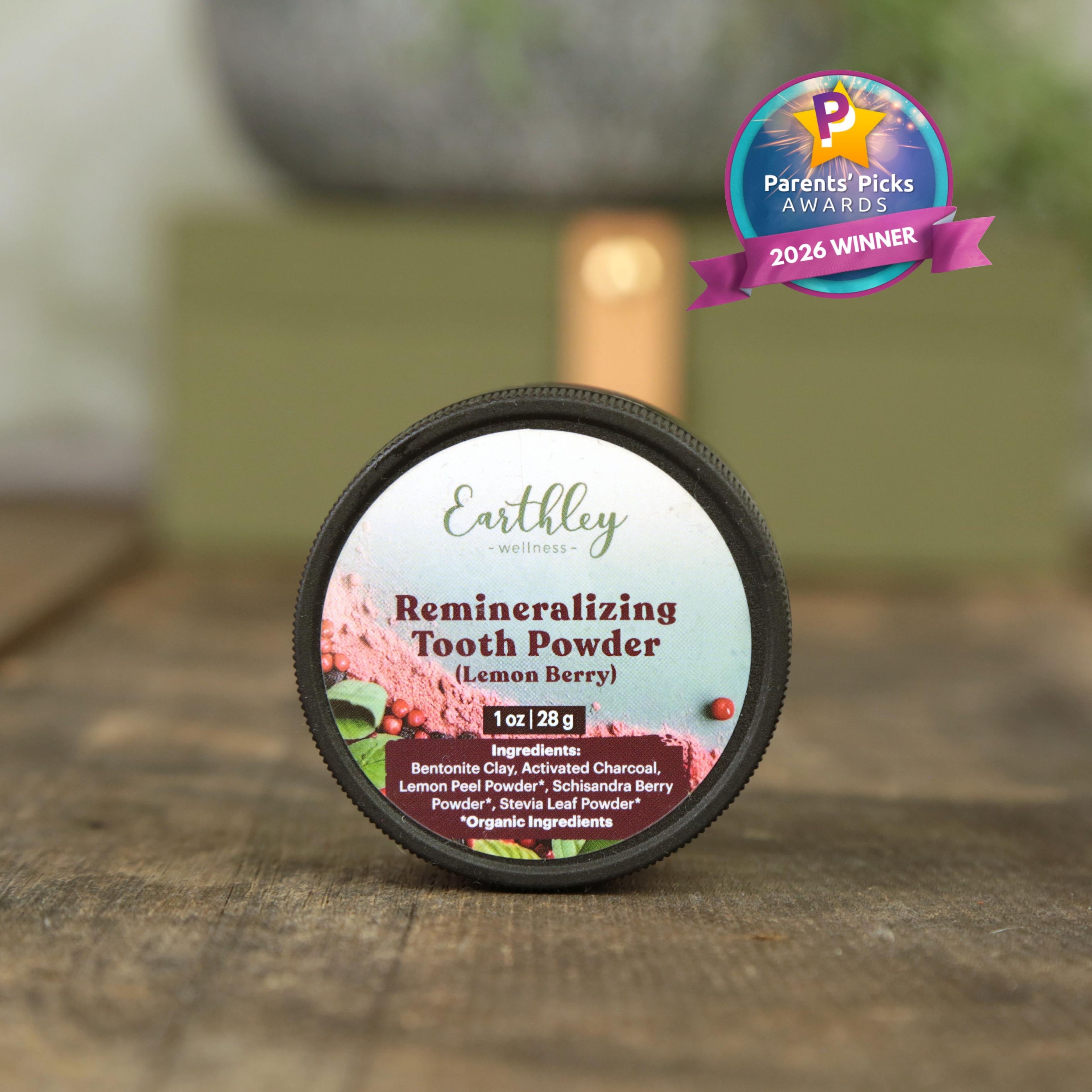 Earthley Wellness Remineralizing Tooth Powder in Lemon Berry flavor, 1oz jar with Parents' Picks Awards 2026 Winner badge