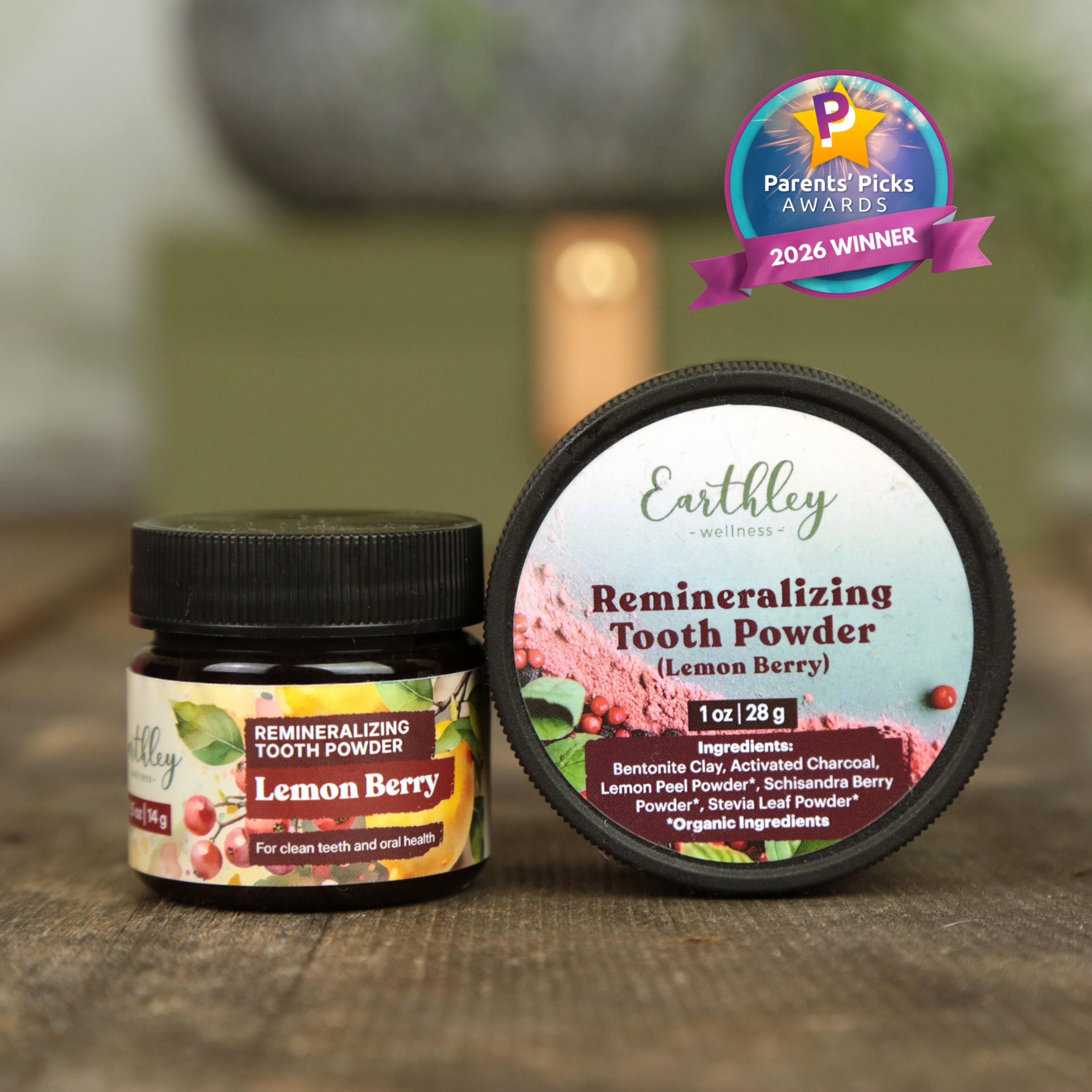 Earthley Remineralizing Tooth Powder in Lemon Berry flavor with Parents' Picks Awards 2026 Winner badge