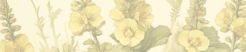Vintage botanical illustration featuring yellow flowers and green leaves in a repeating pattern on cream background