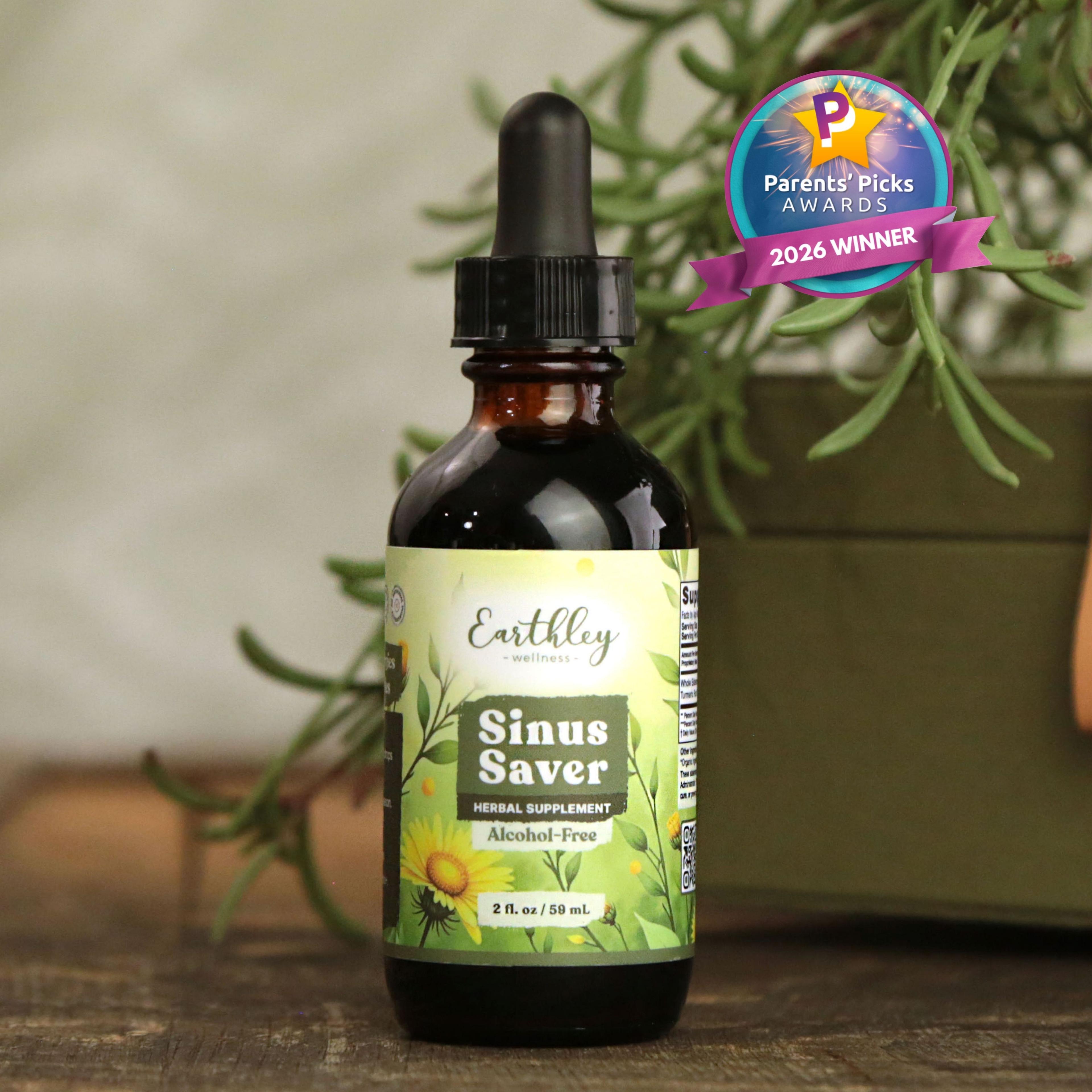 Earthley Sinus Saver herbal supplement bottle with dropper, featuring Parents' Picks 2026 Winner award badge