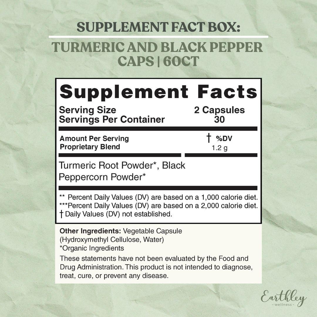 Supplement facts label for Turmeric and Black Pepper Caps showing 2 capsule serving size, 30 servings per container