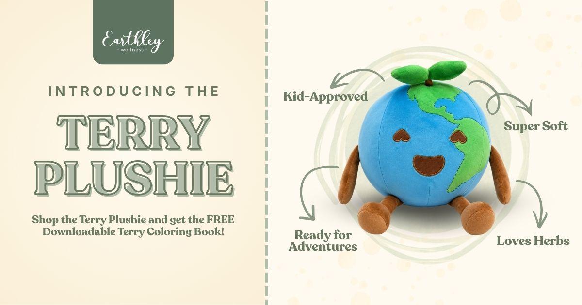 Earthley Wellness Terry Plushie: soft globe stuffed toy with green leaves and smiling face