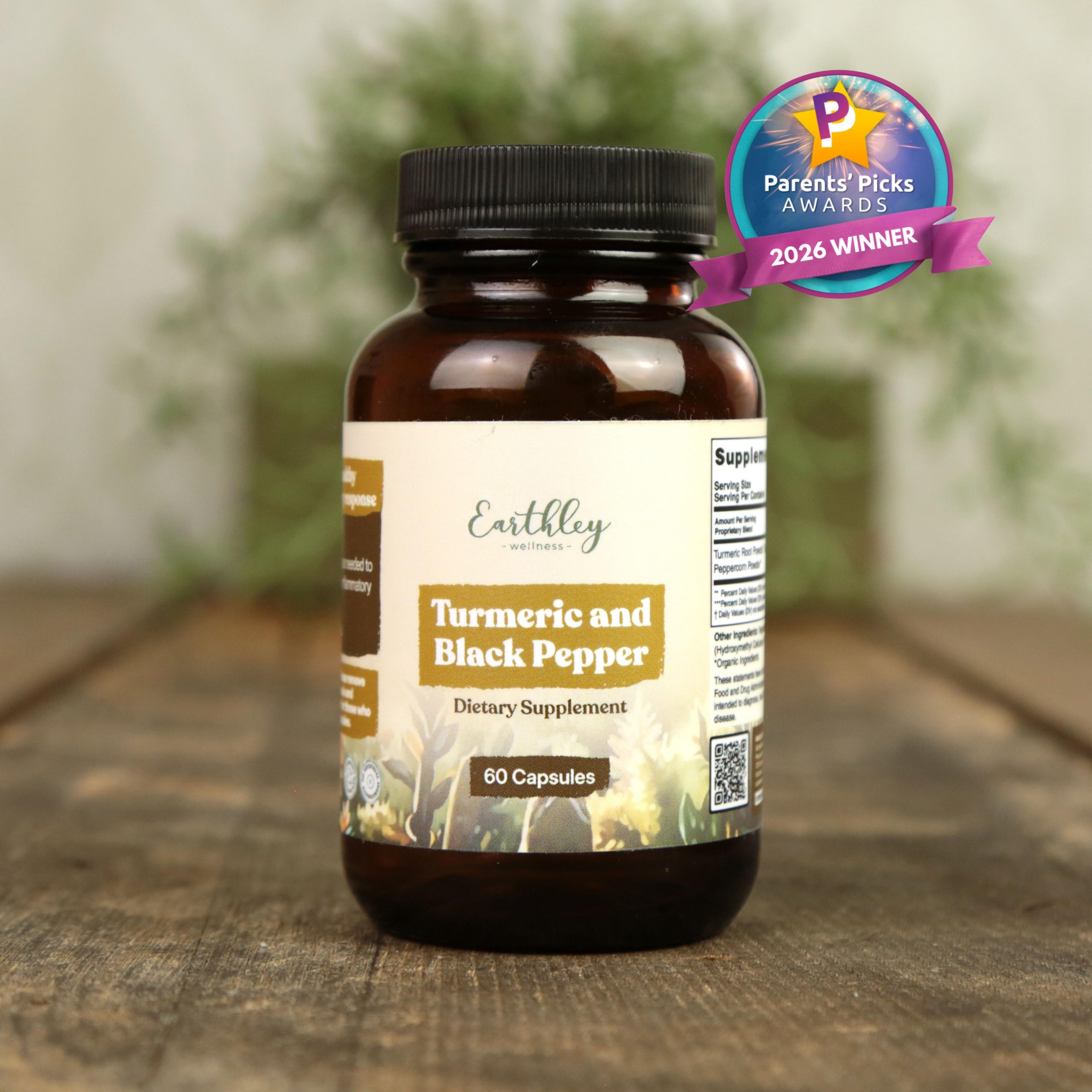 Earthley Turmeric and Black Pepper supplement bottle with Parents' Picks Awards 2026 Winner badge on wooden surface