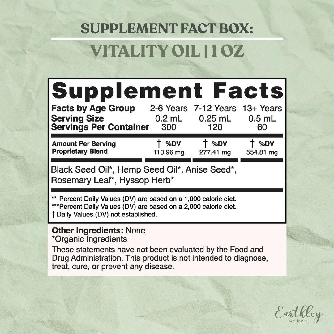 Vitality Oil 1oz supplement facts label showing age-based dosing and organic herbal ingredients.