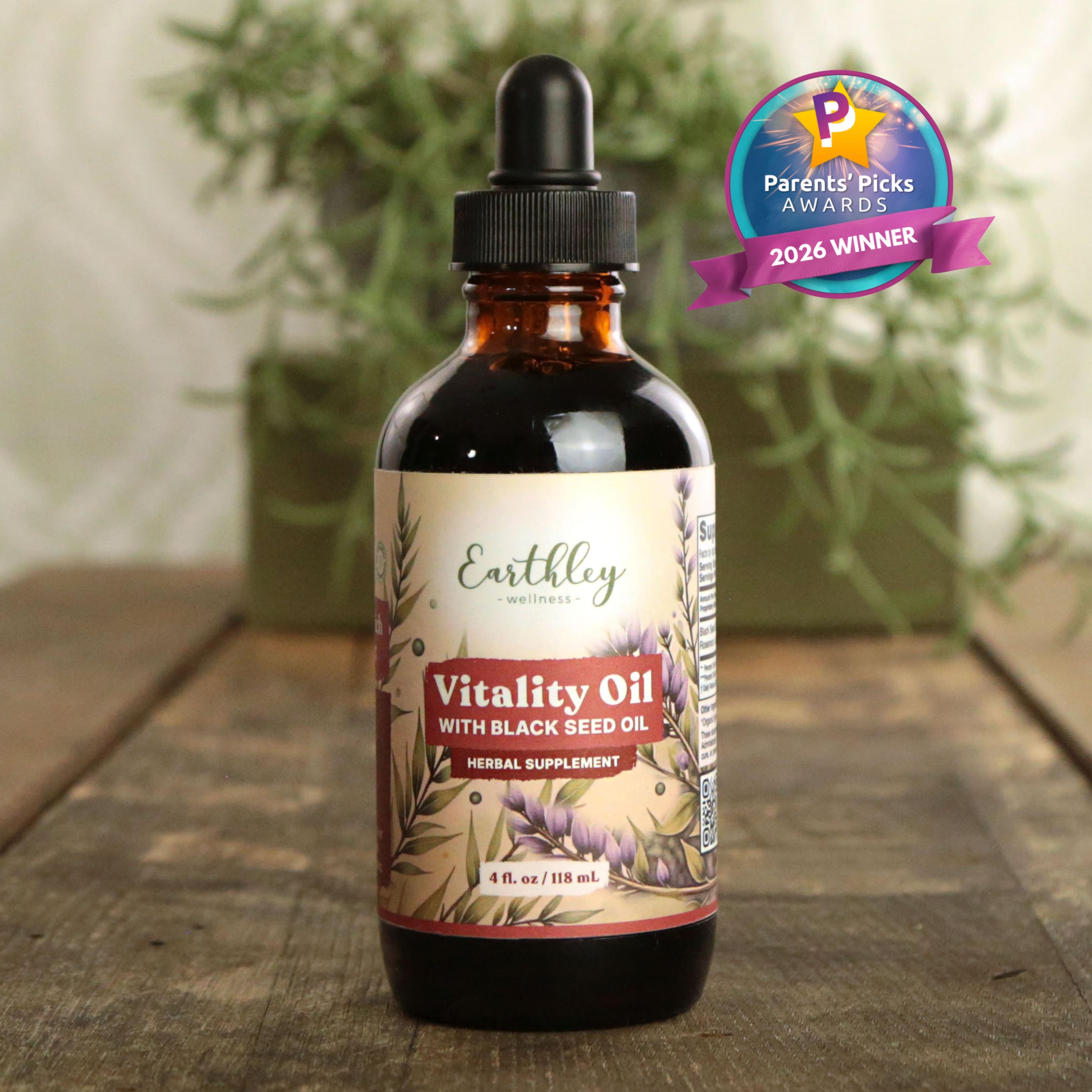 Earthley Vitality Oil with Black Seed Oil herbal supplement bottle with dropper and Parents' Picks 2026 Winner award badge