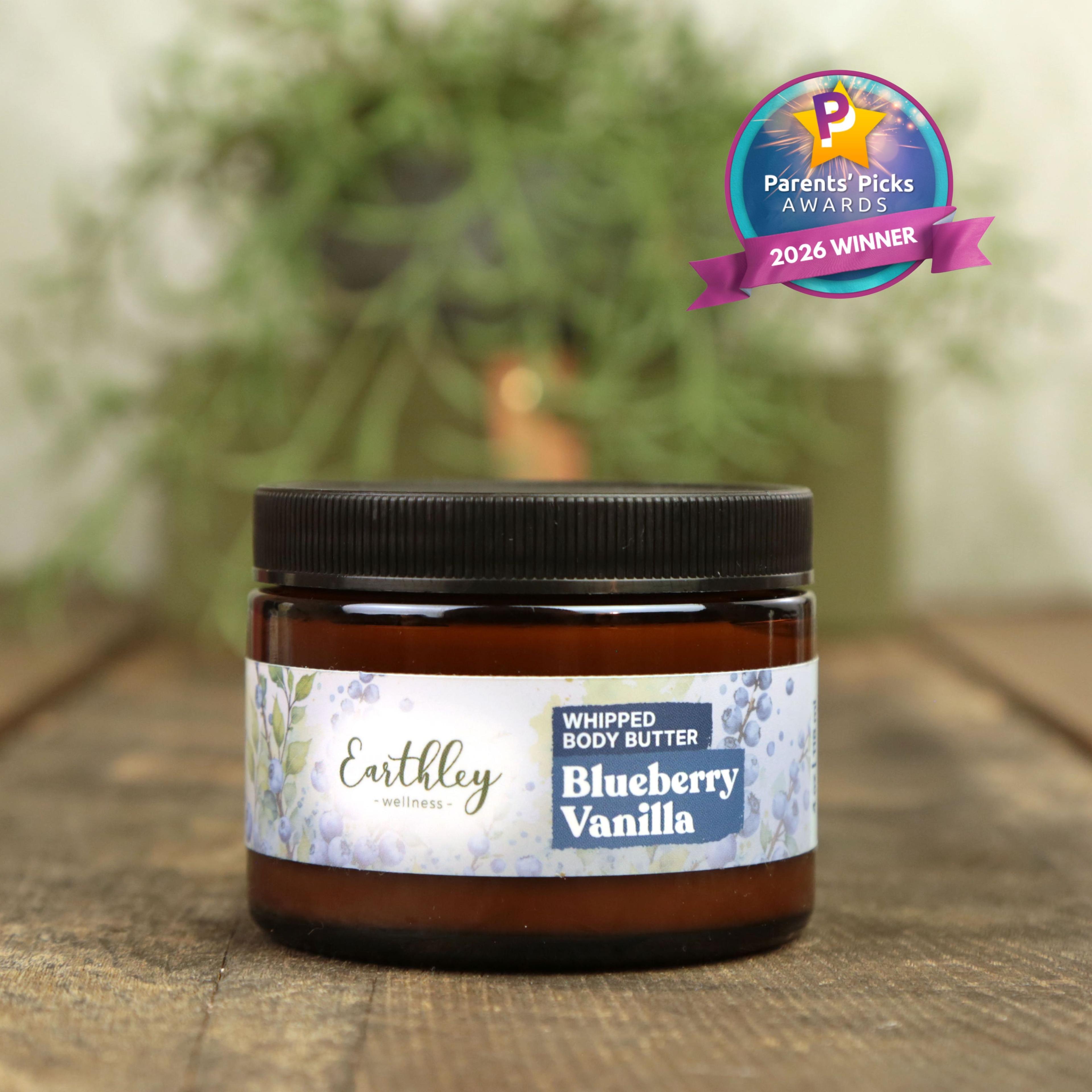 Earthley Wellness Blueberry Vanilla whipped body butter jar with Parents' Picks Awards 2026 Winner badge