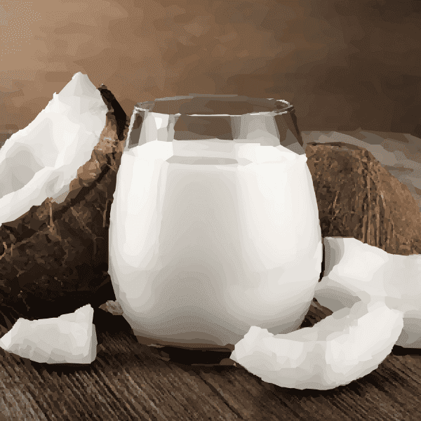 Coconut milk photograph showing creamy white coconut liquid with coconut halves