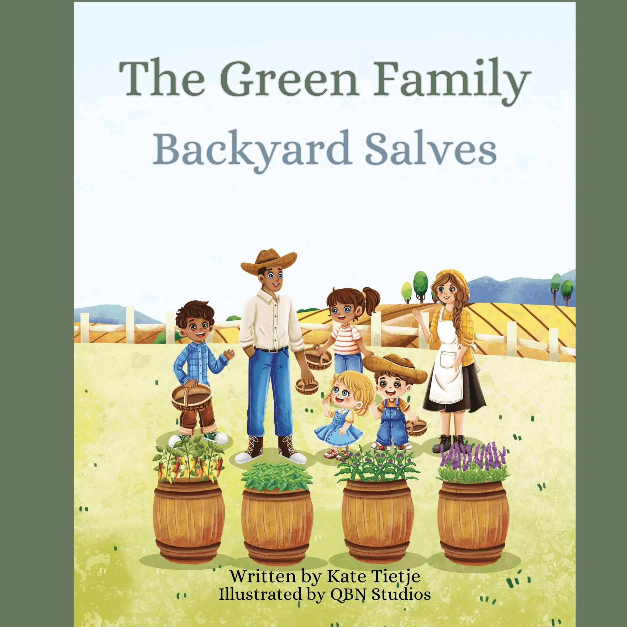 Children's book cover showing cartoon family harvesting herbs from barrel planters to make natural salves