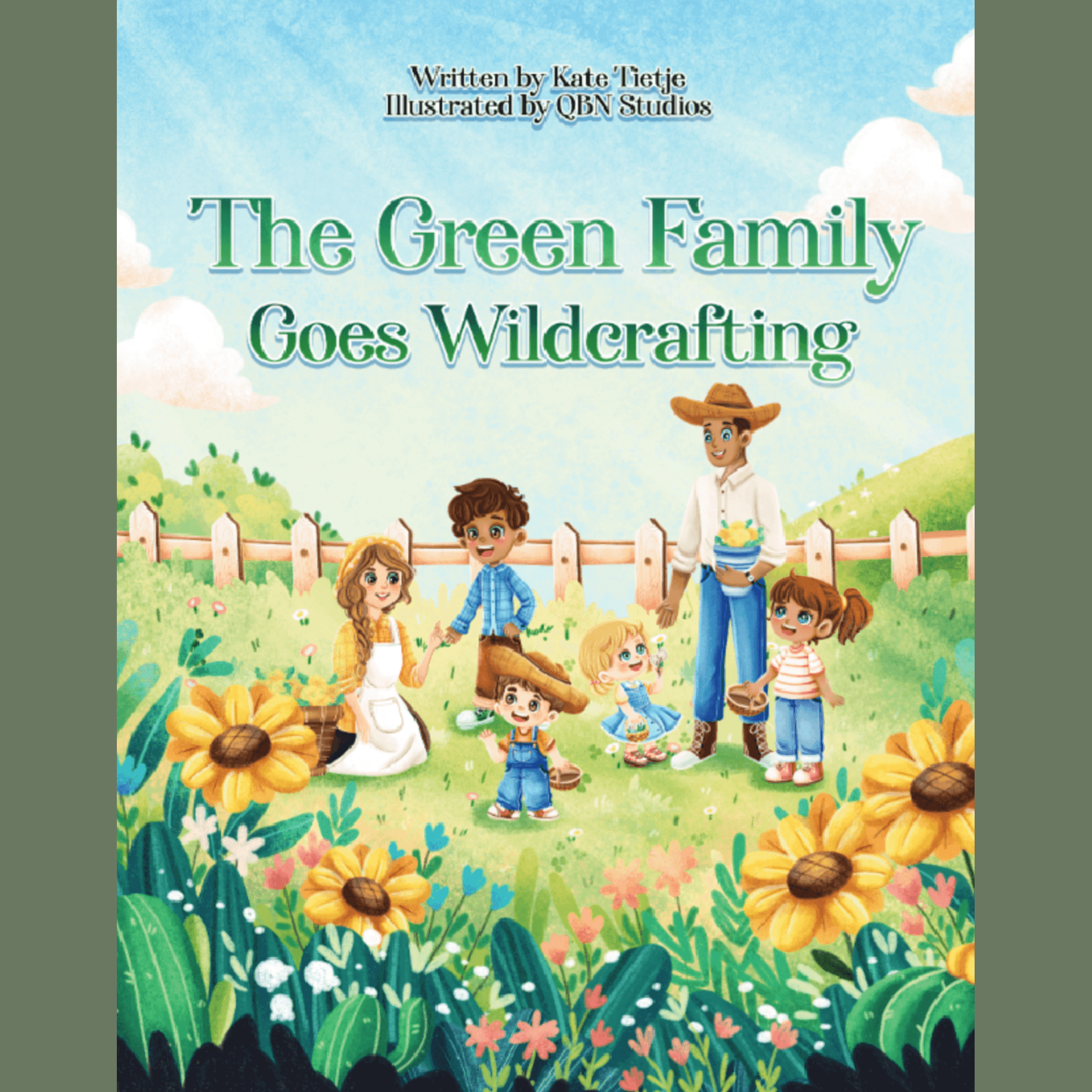 Children's book cover showing family of six wildcrafting herbs and flowers in sunny meadow with sunflowers