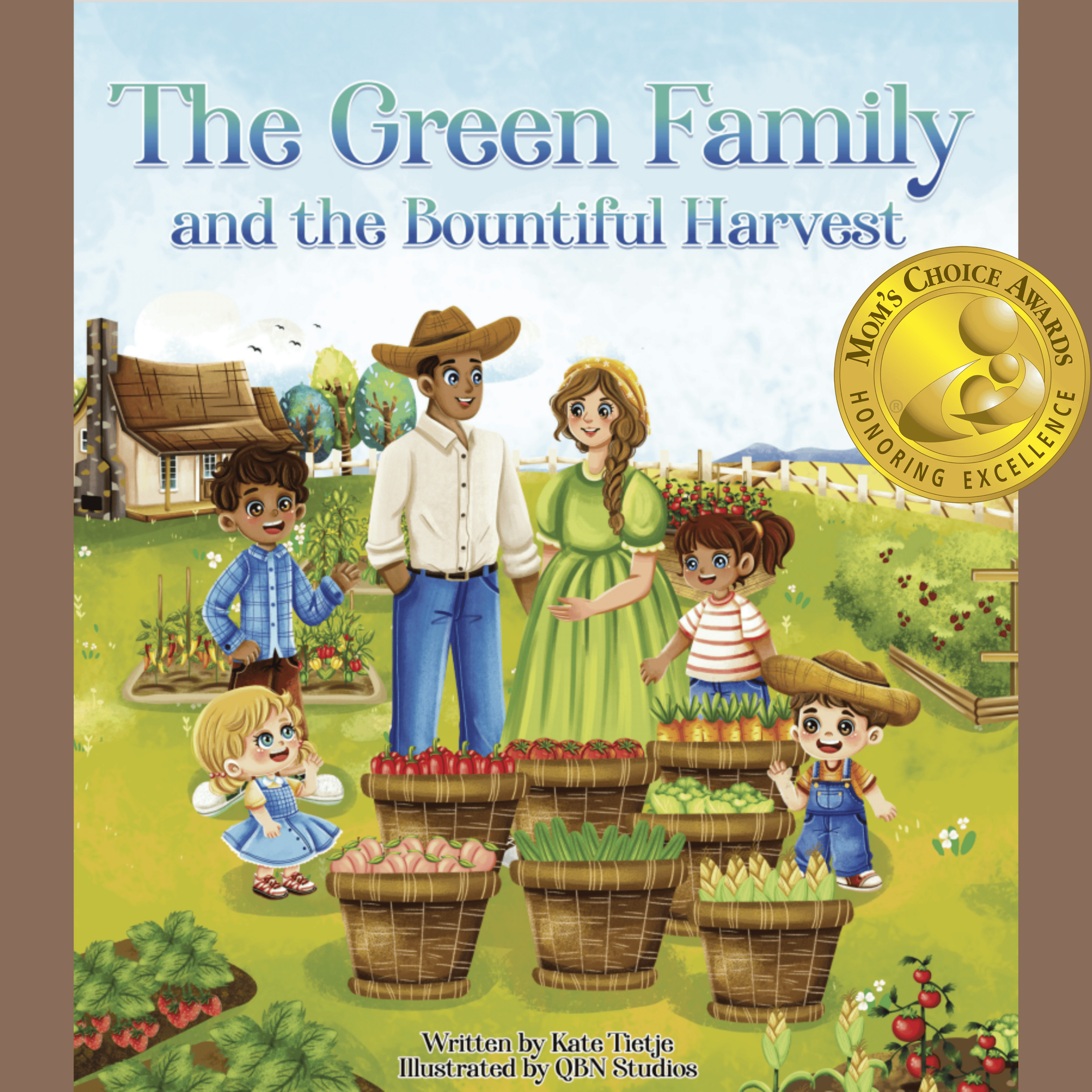 The Green Family Bountiful Harvest childrens book cover with award seal about gardening