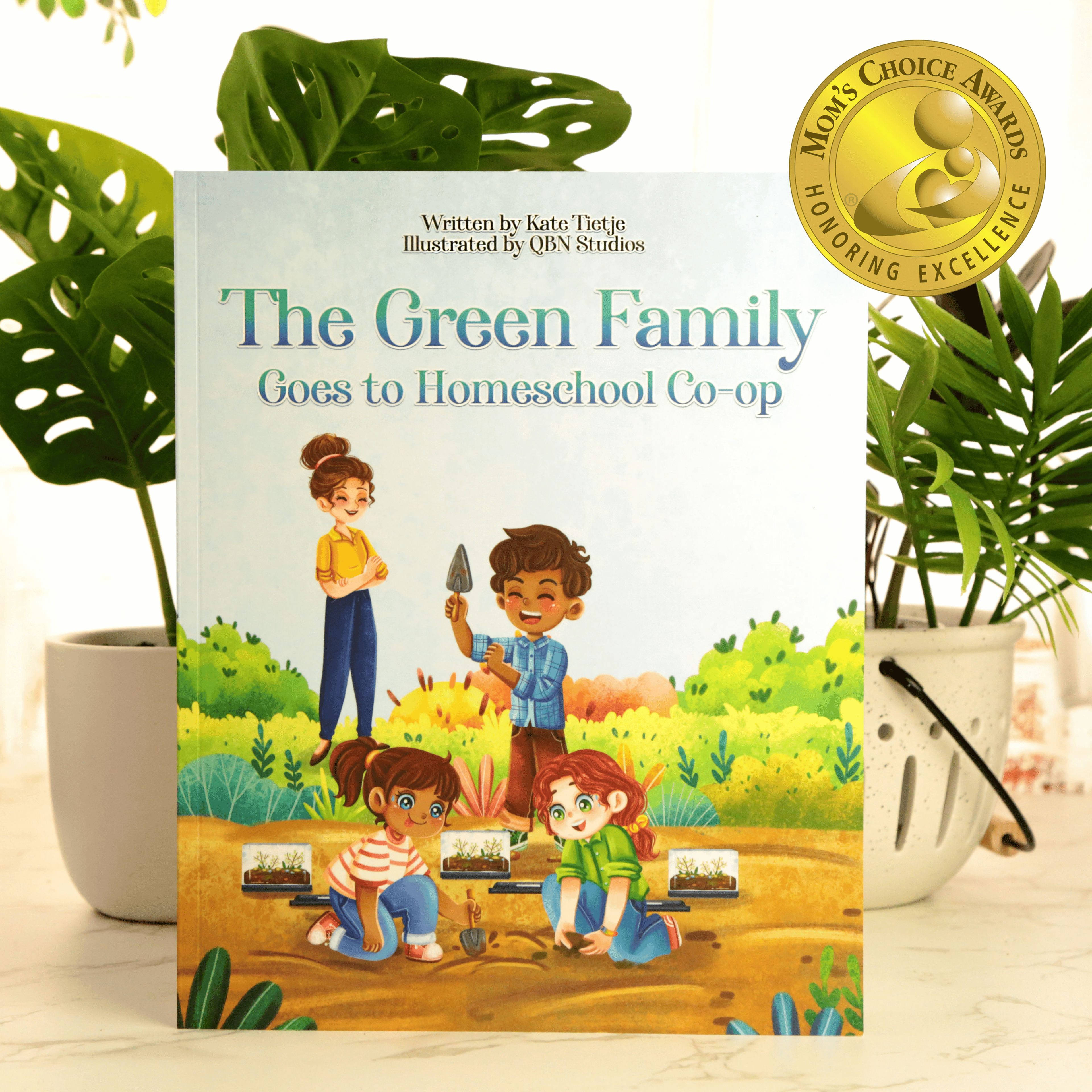 The Green Family Homeschool childrens book cover with award seal about learning at home