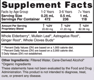 Supplement Facts panel showing age-based serving sizes from 1-2 years to 7+ years with proprietary blend of organic whole elderberry, mullein leaf, astragalus root, ginger root, and whole cloves buds