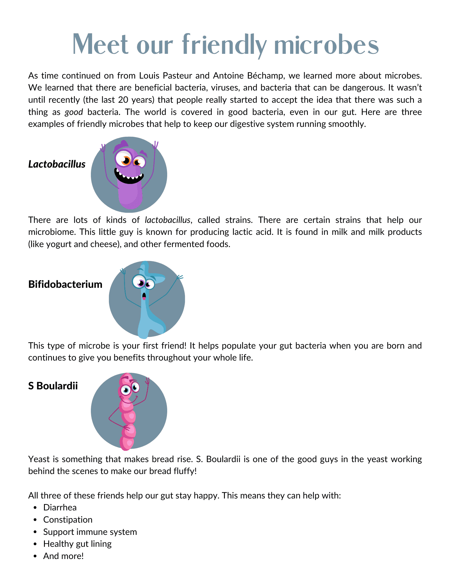 Earthley Meet Our Friendly Microbes Kids Activity page with gray blue header showing illustrated blue purple and pink cartoon bacteria characters Lactobacillus Bifidobacterium and S Boulardii on white background