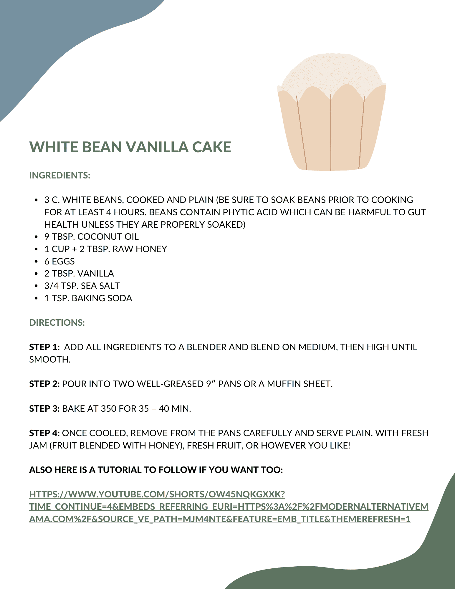 Earthley White Bean Vanilla Cake Recipe Kids Activity page with sage blue teal header showing illustrated white cupcake with ingredients list and baking directions on white background