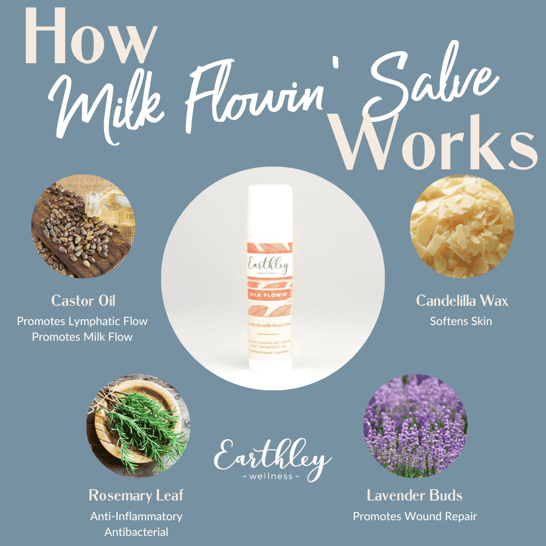 Earthley How Milk Flowin Salve Works infographic with sage green background showing white twist-up stick with ingredient photos of green herbs and botanical oils on circular images