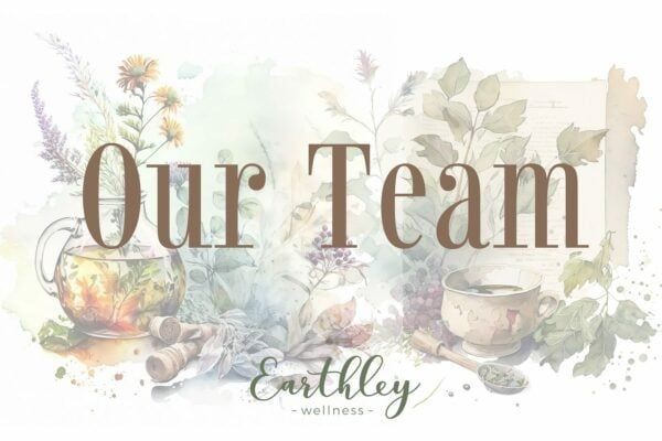 Earthley Our Team watercolor banner with brown script text showing clear glass teapot with yellow orange flowers green herbs purple lavender and cream white teacup on soft tan cream background