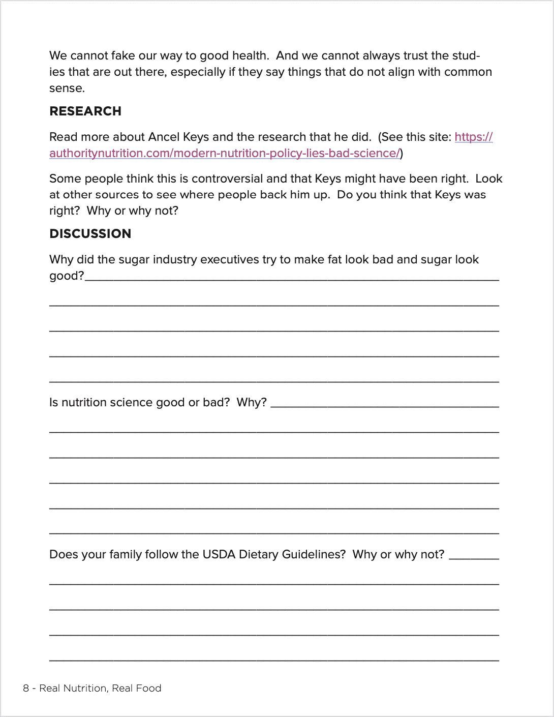 Earthley Real Food Real Nutrition curriculum worksheet page with Research and Discussion questions about Ancel Keys and USDA Dietary Guidelines on white background